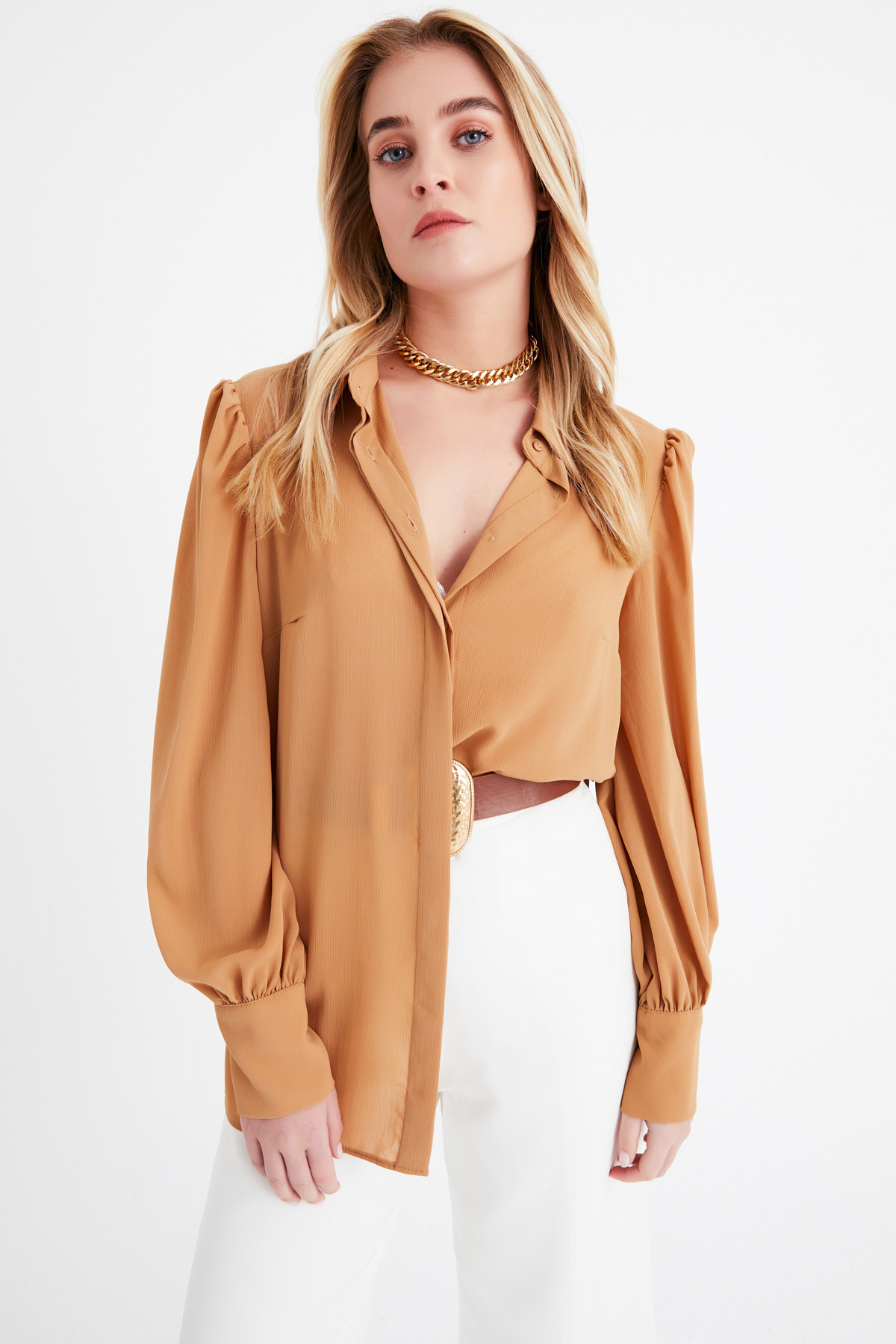 Balloon sleeve shabby shirt - CAMEL