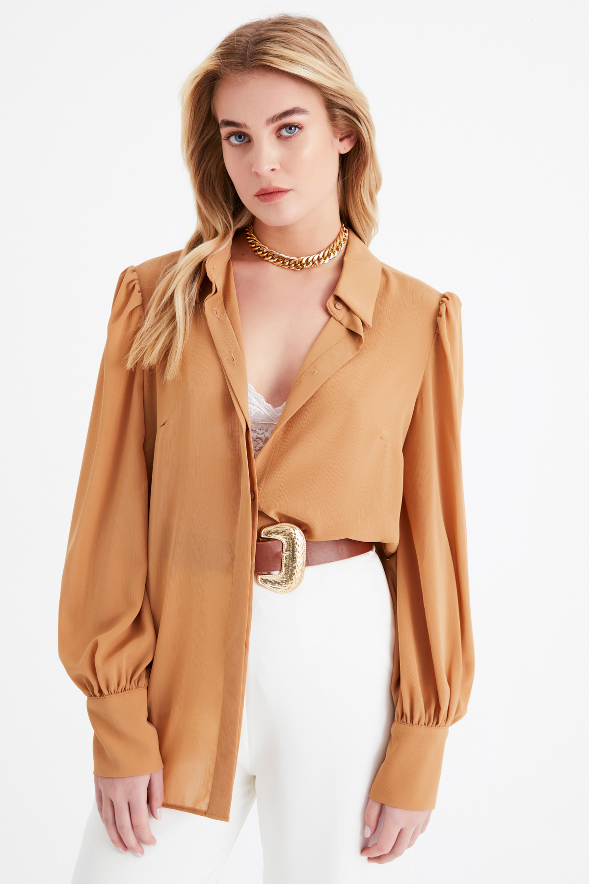 Balloon sleeve shabby shirt - CAMEL