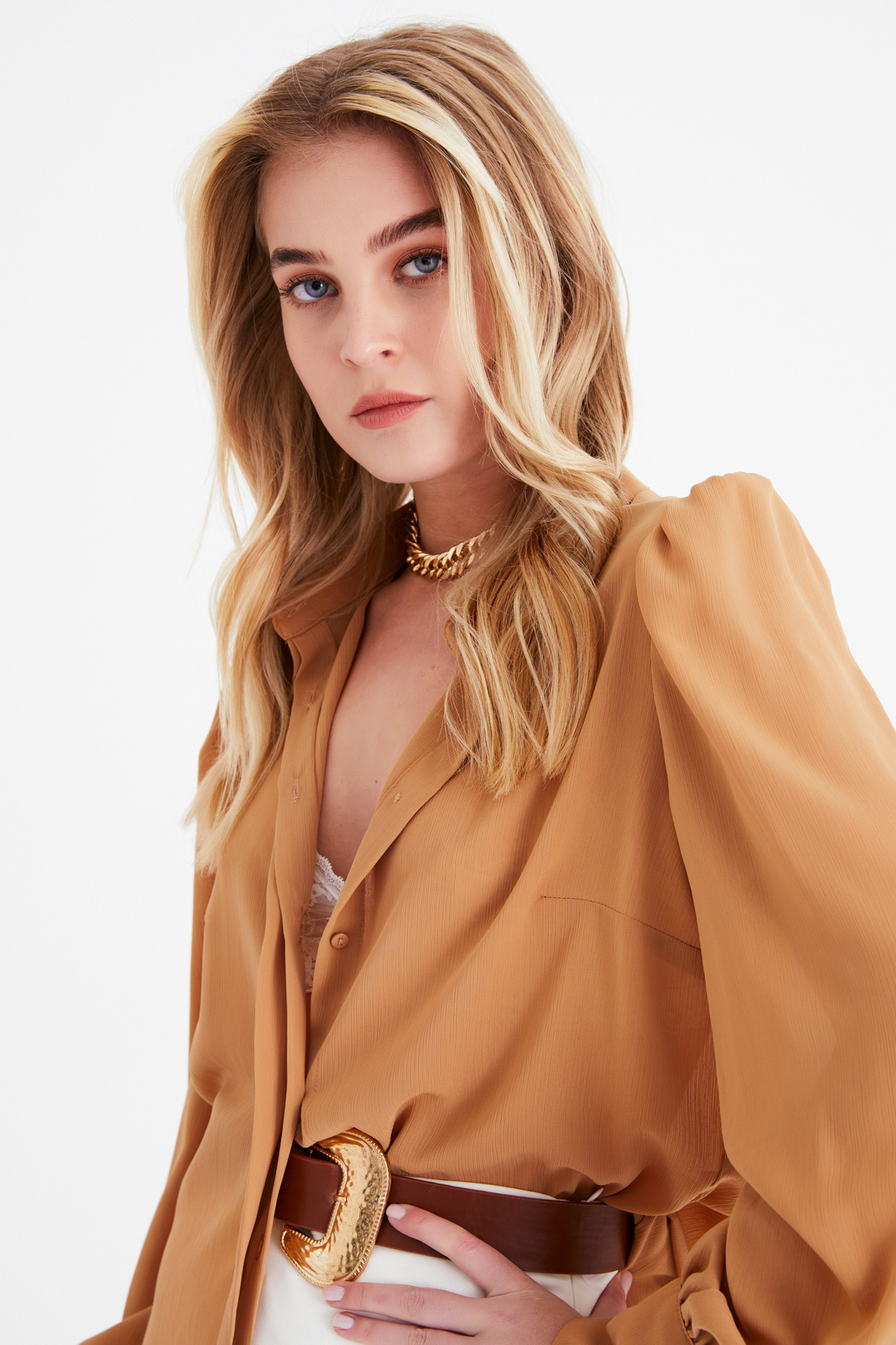 Balloon sleeve shabby shirt - CAMEL