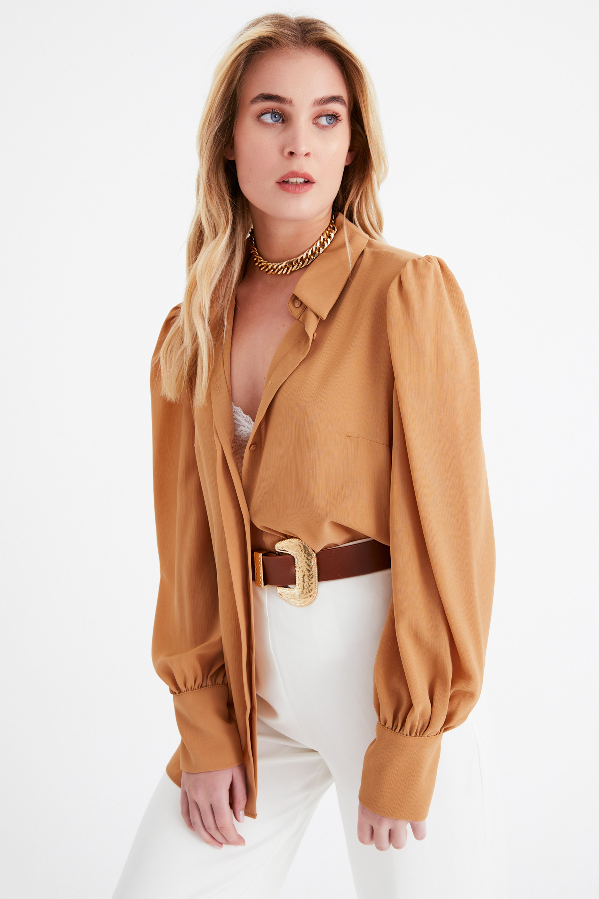 Balloon sleeve shabby shirt - CAMEL
