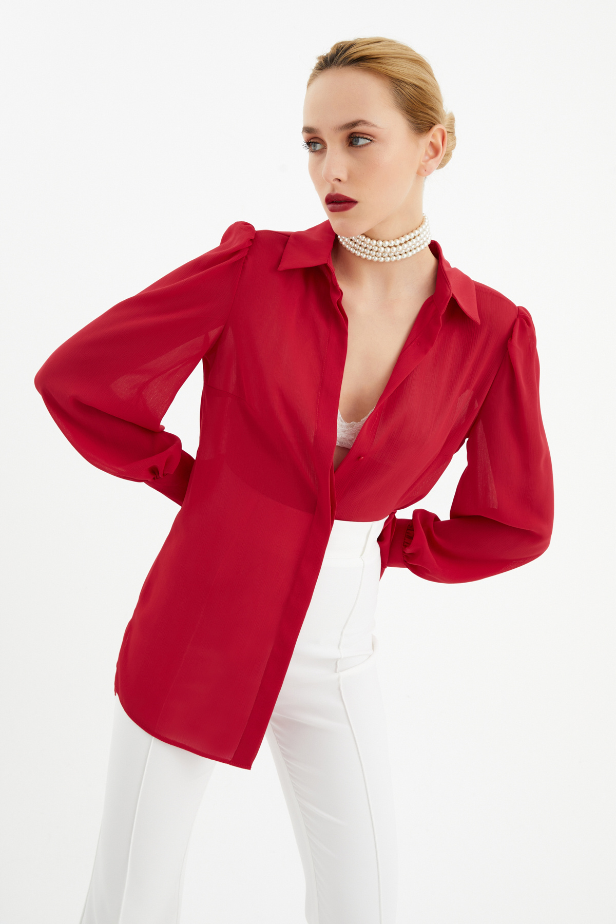 Balloon sleeve shabby shirt - RED