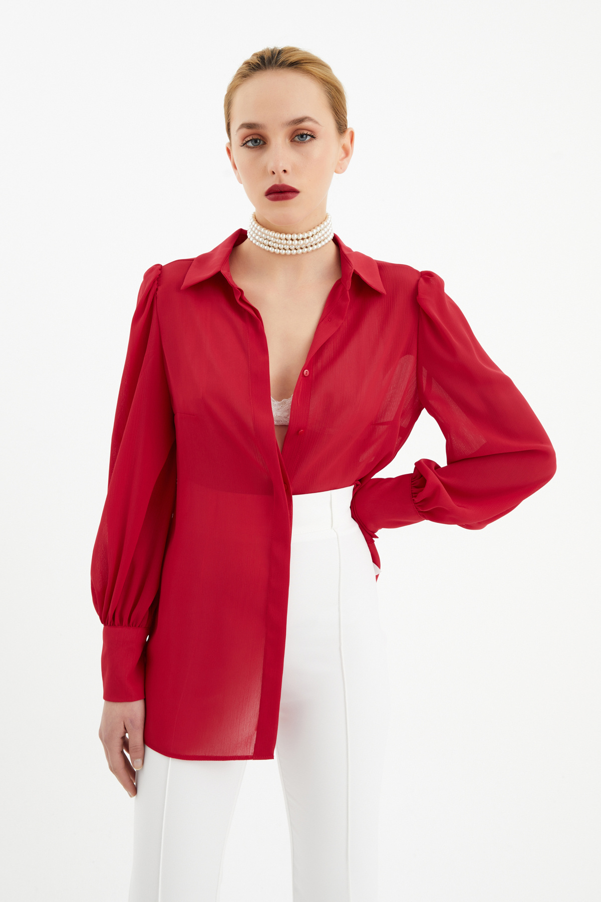 Balloon sleeve shabby shirt - RED