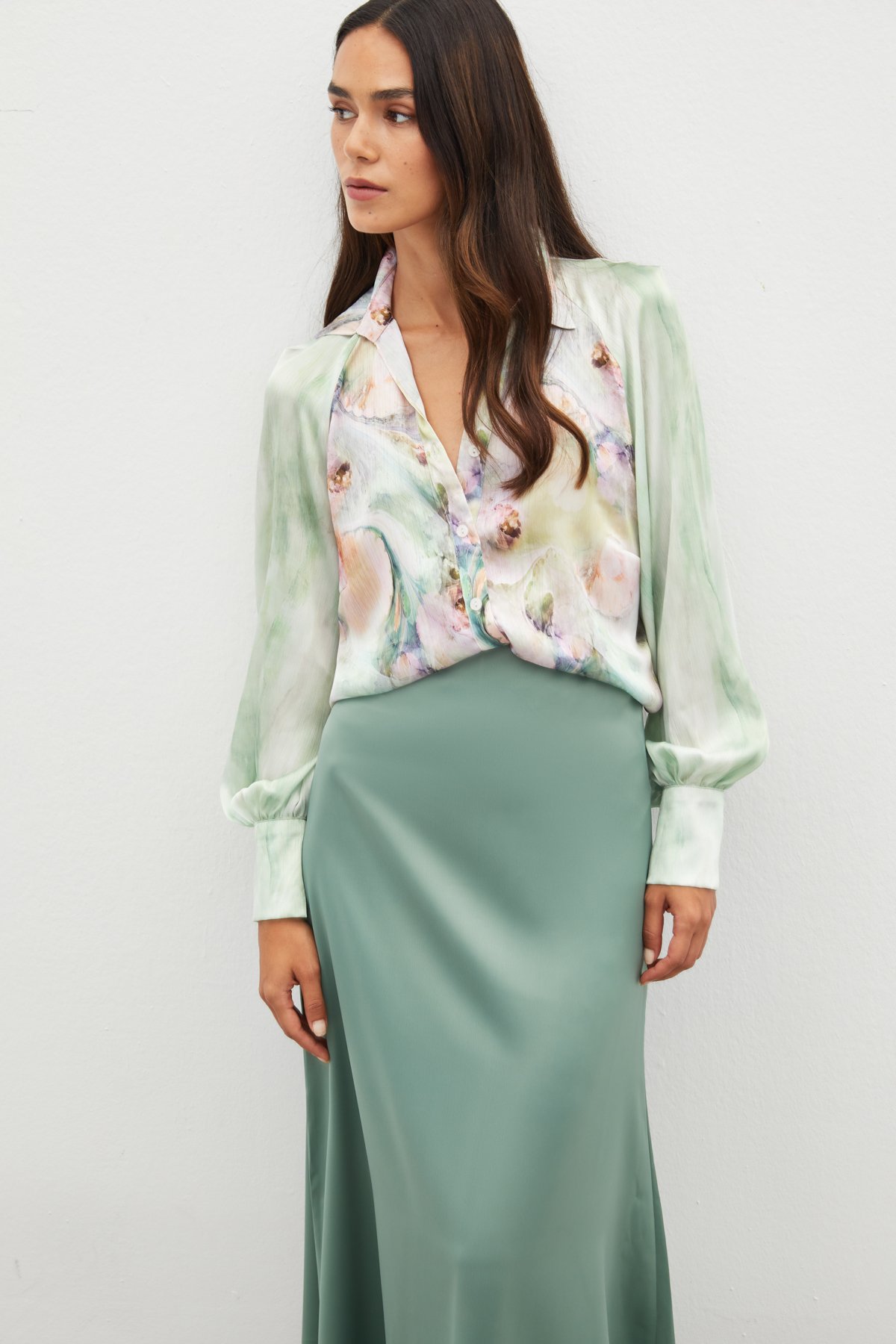 Balon Kollu Desenli Gömlek - ÇAĞLA YEŞİLİ