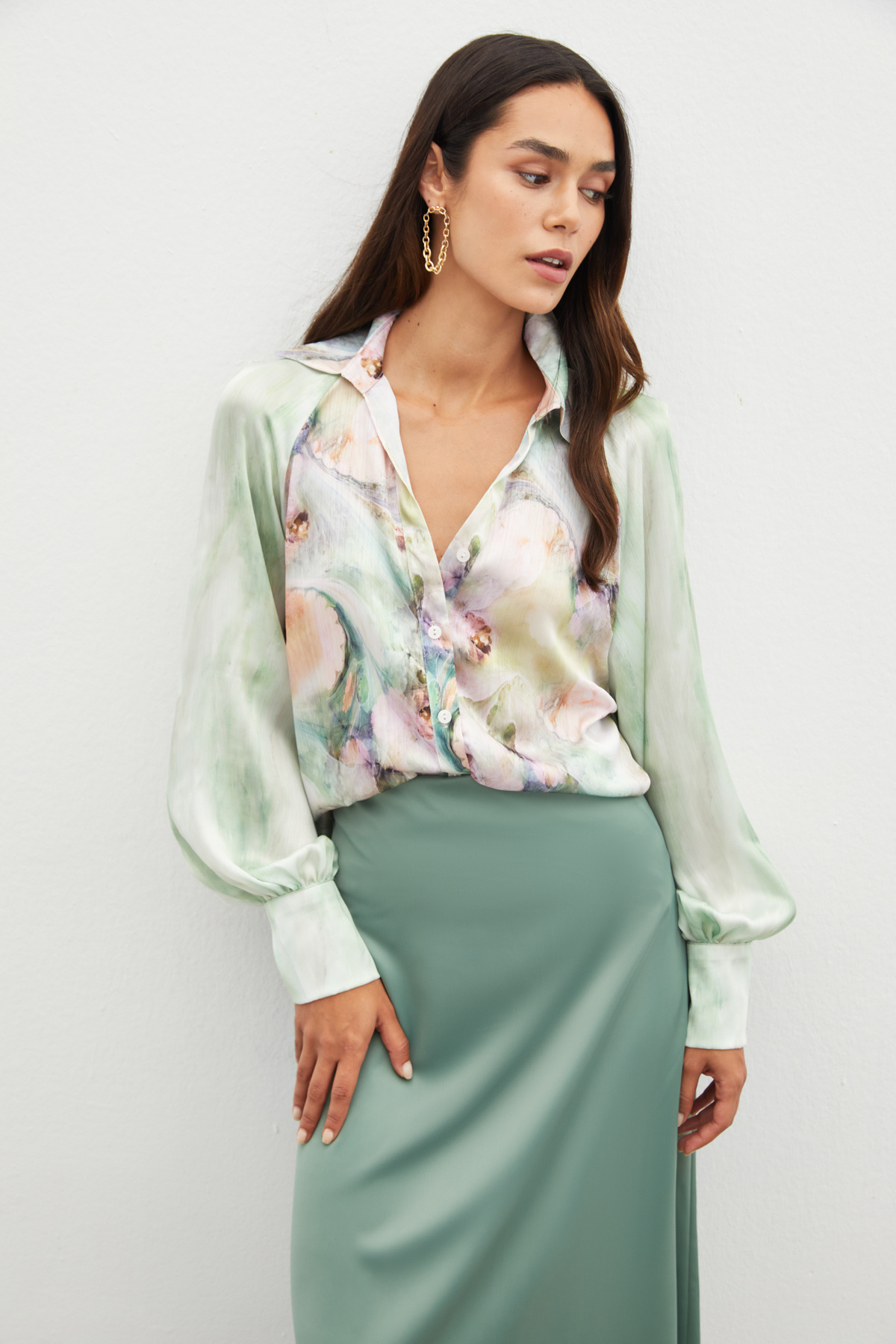 Balon Kollu Desenli Gömlek - ÇAĞLA YEŞİLİ