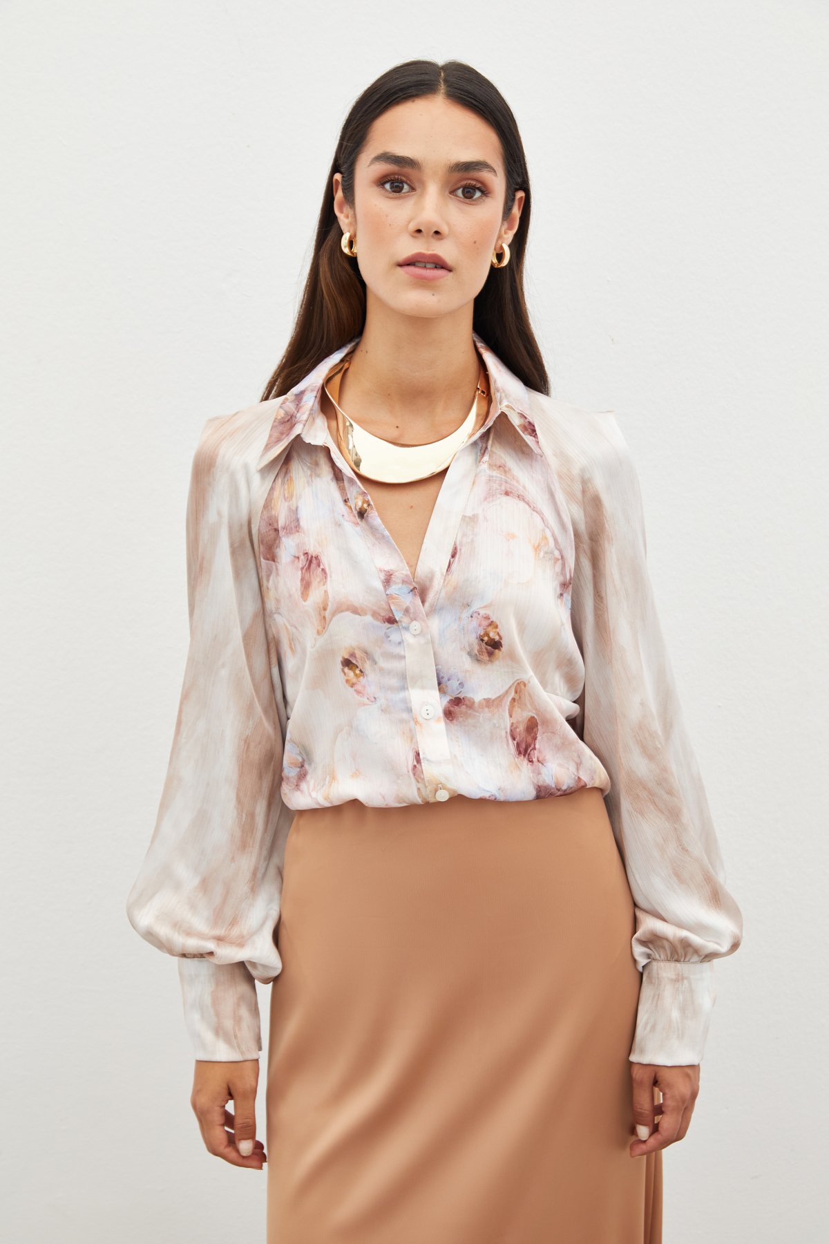 Balon Kollu Desenli Gömlek - TAŞ