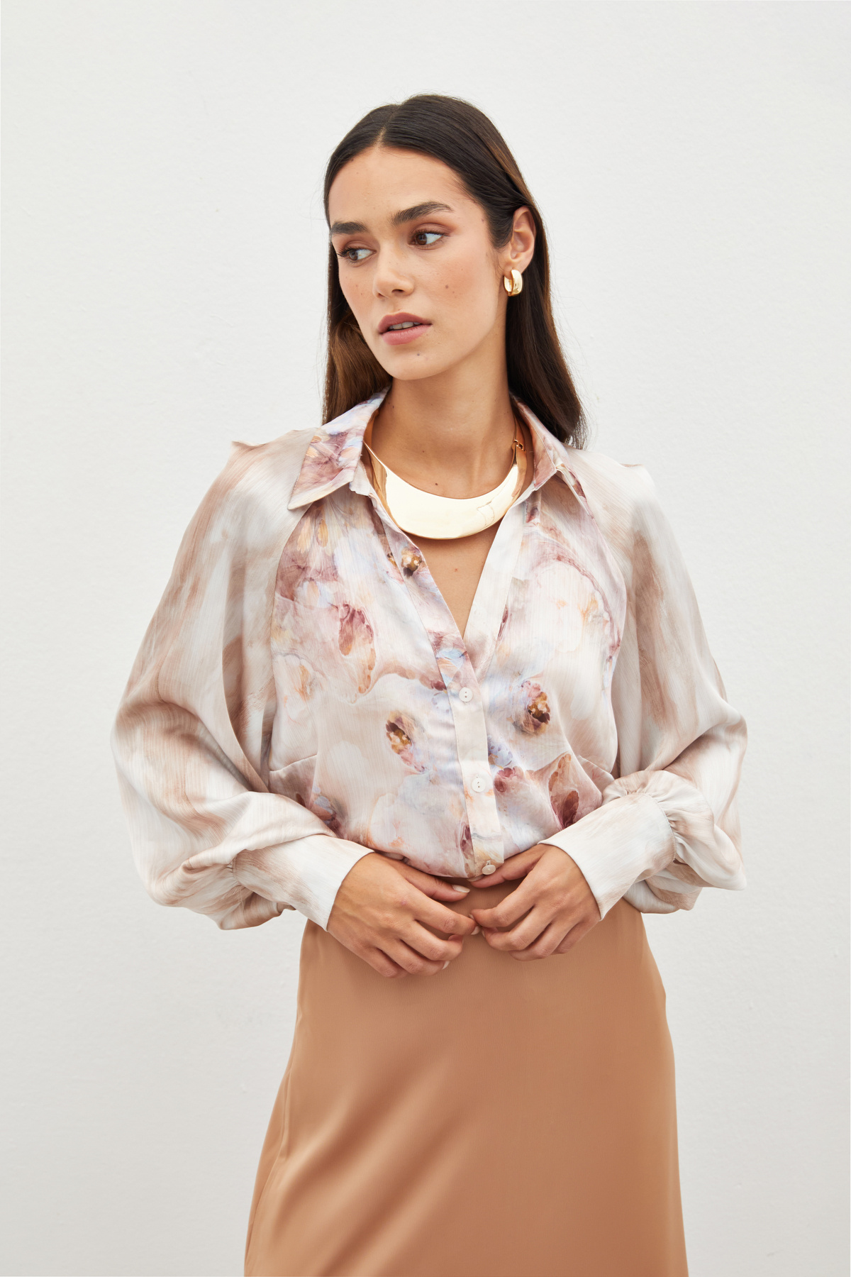 Balon Kollu Desenli Gömlek - TAŞ