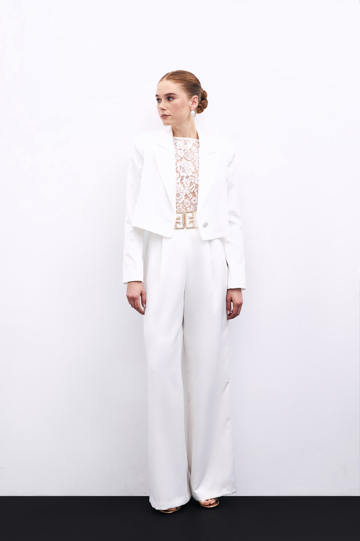 Bel Aksesuarlı Bol Paça Pantolon - Ekru