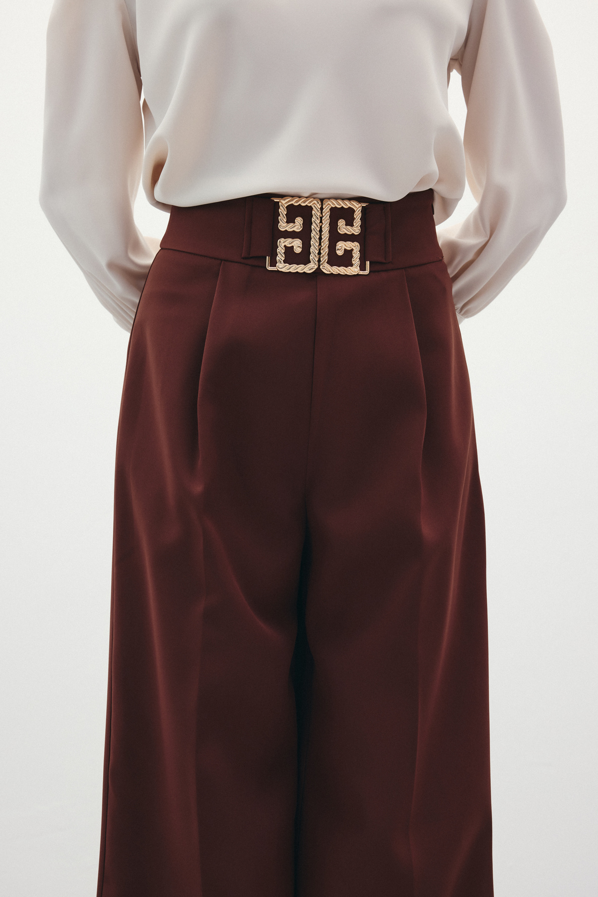 Bel Aksesuarlı Bol Paça Pantolon - Kahve