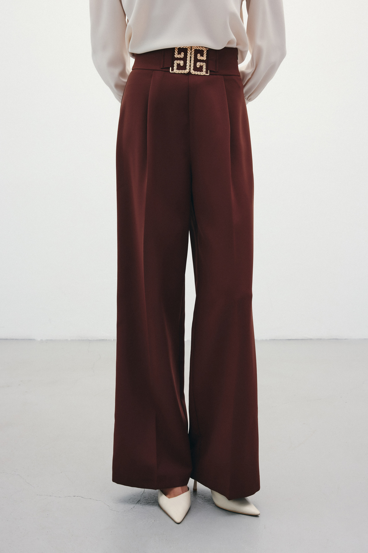 Bel Aksesuarlı Bol Paça Pantolon - Kahve