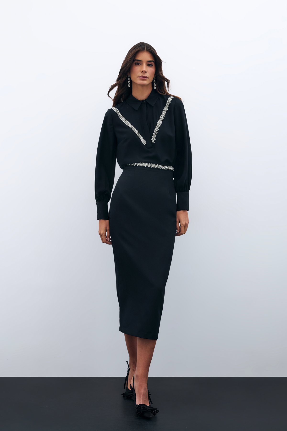 Bel Aksesuarlı Midi Etek - Siyah