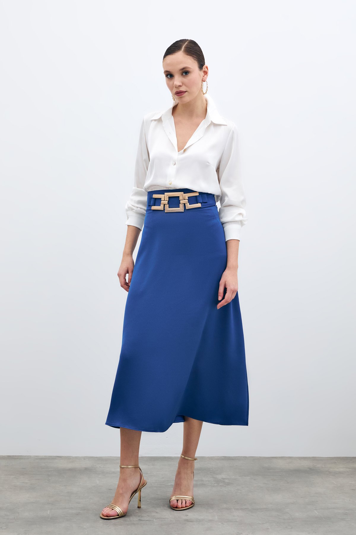 Bel Aksesuarlı Saten Krep Etek - Sax Mavi
