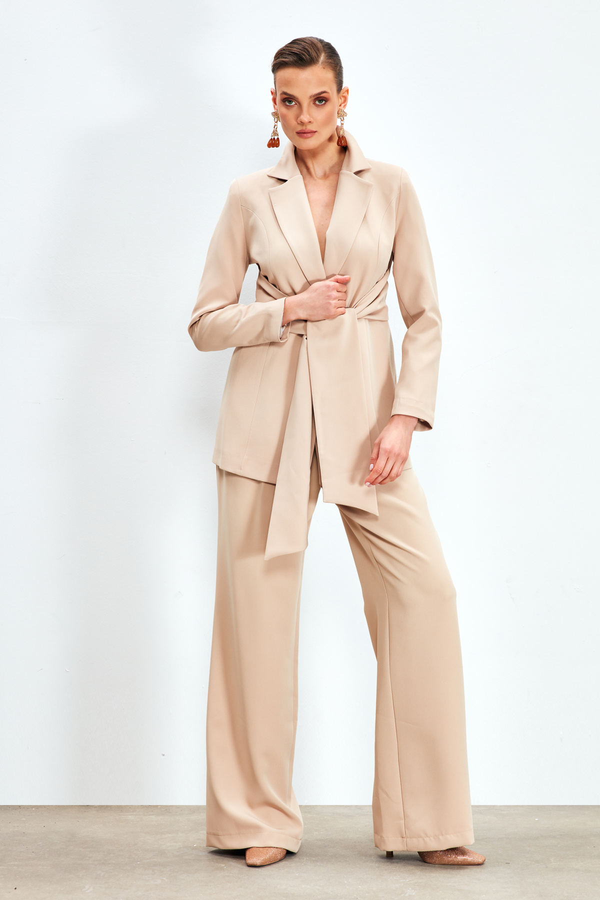 Bel Bağlamalı Uzun Ceket - BEJ