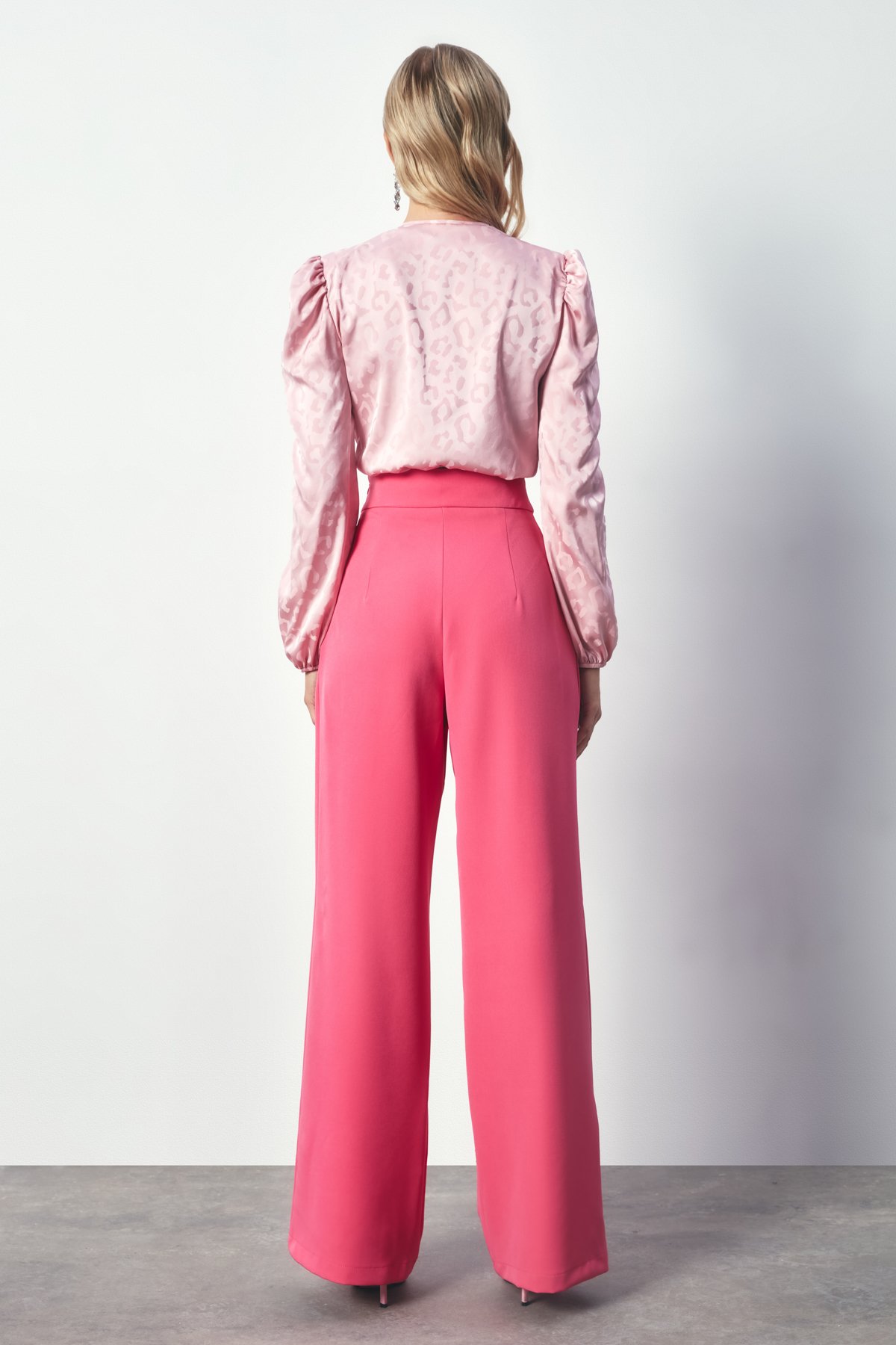 Bel Detaylı Geniş Paça Pantolon - PEMBE