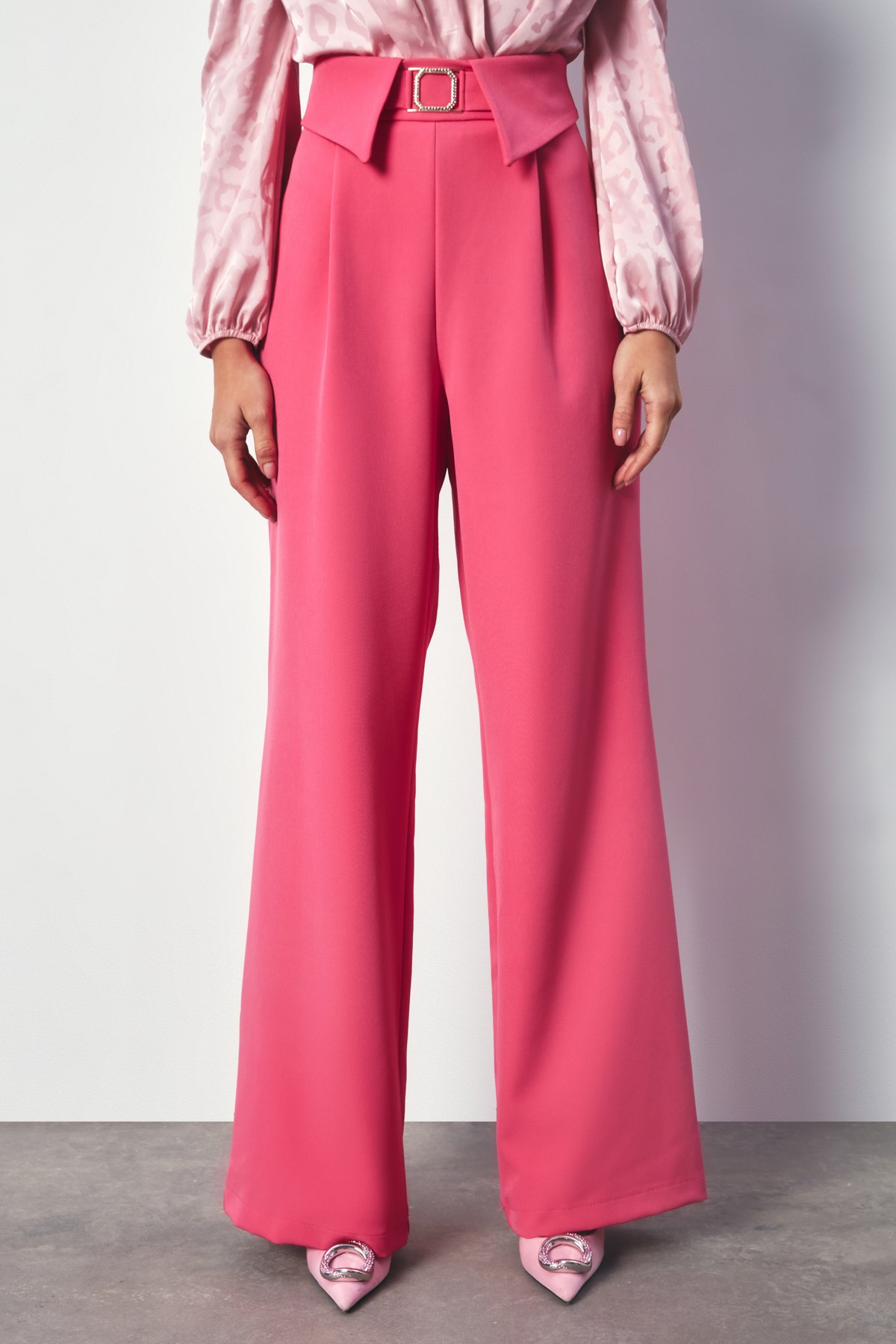 Bel Detaylı Geniş Paça Pantolon - PEMBE