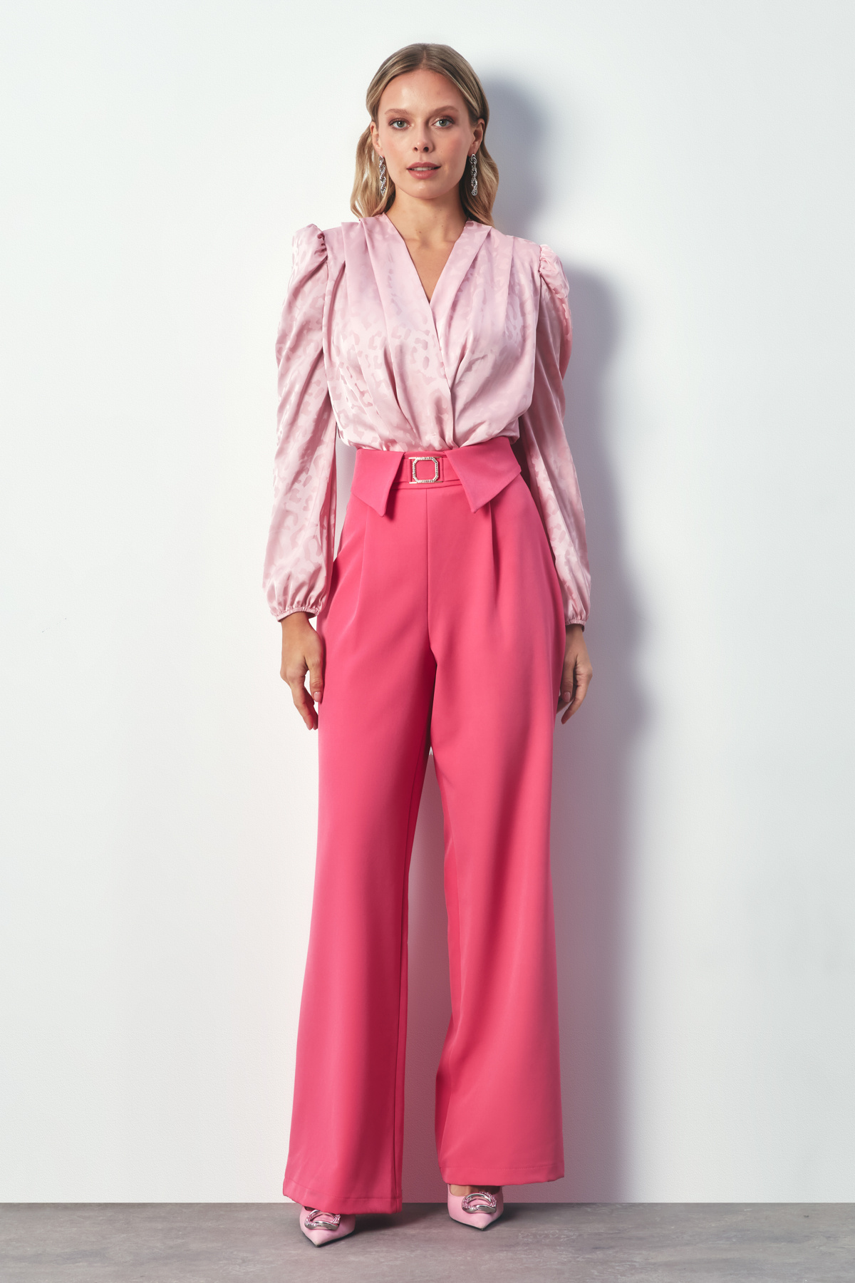 Bel Detaylı Geniş Paça Pantolon - PEMBE