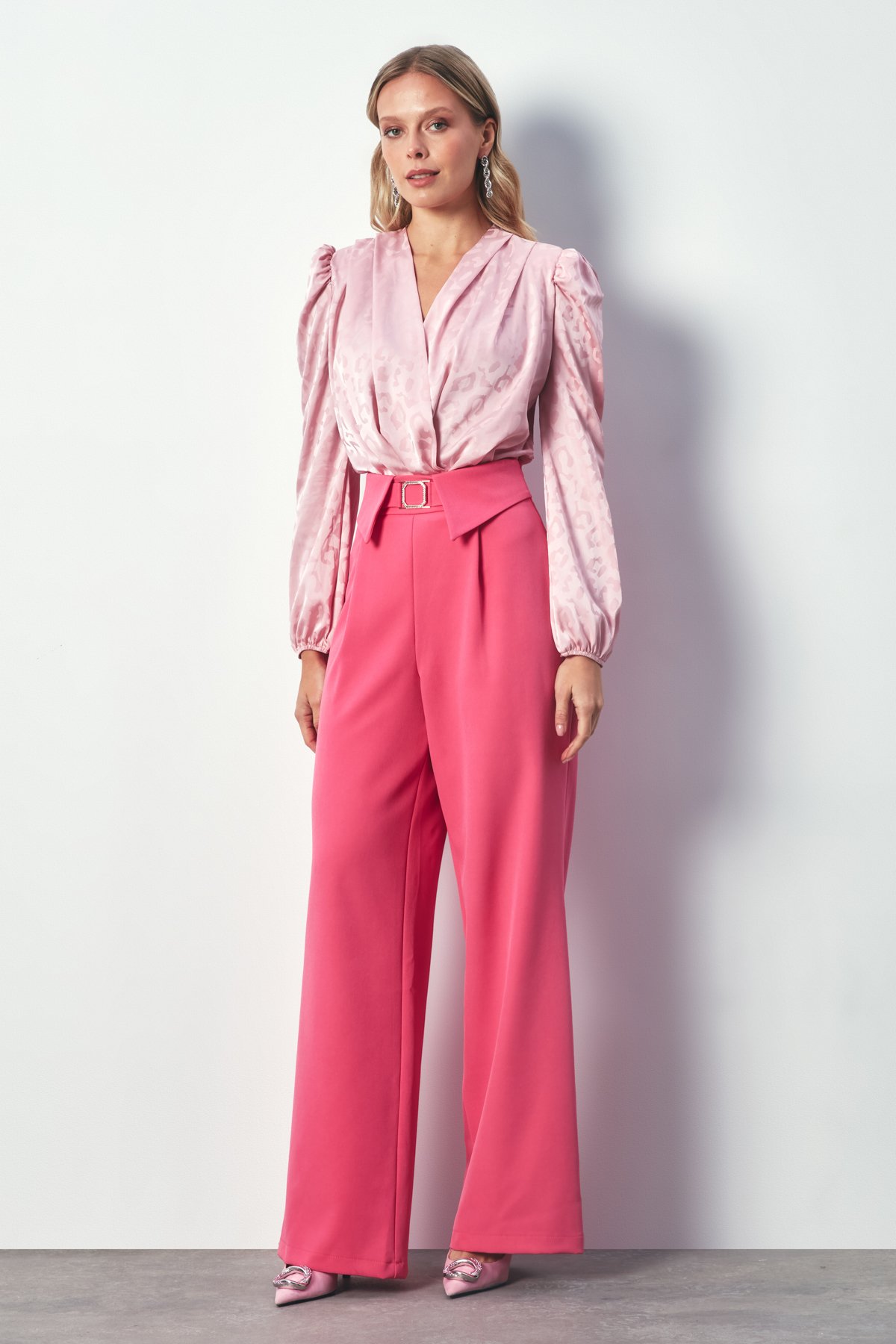 Bel Detaylı Geniş Paça Pantolon - PEMBE