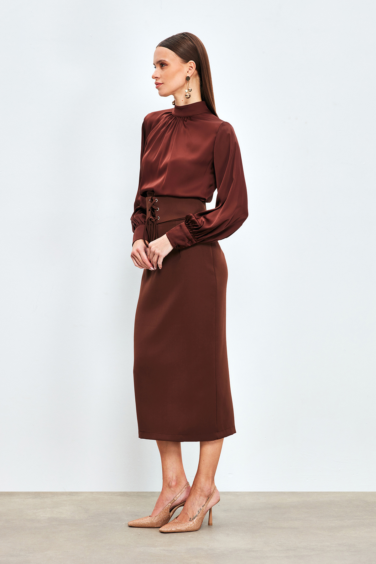 Bel Detaylı Kalem Etek - KAHVE