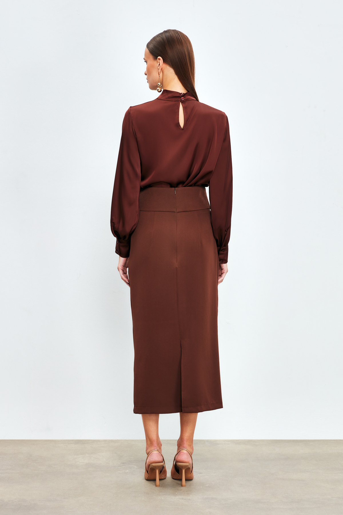 Bel Detaylı Kalem Etek - KAHVE