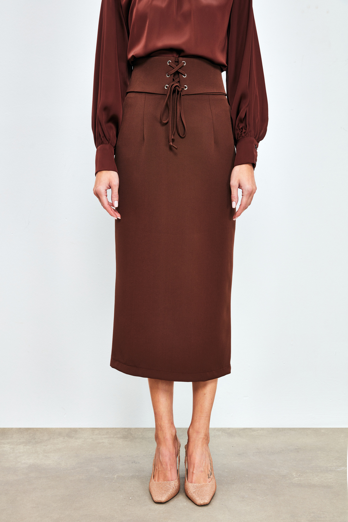 Bel Detaylı Kalem Etek - KAHVE