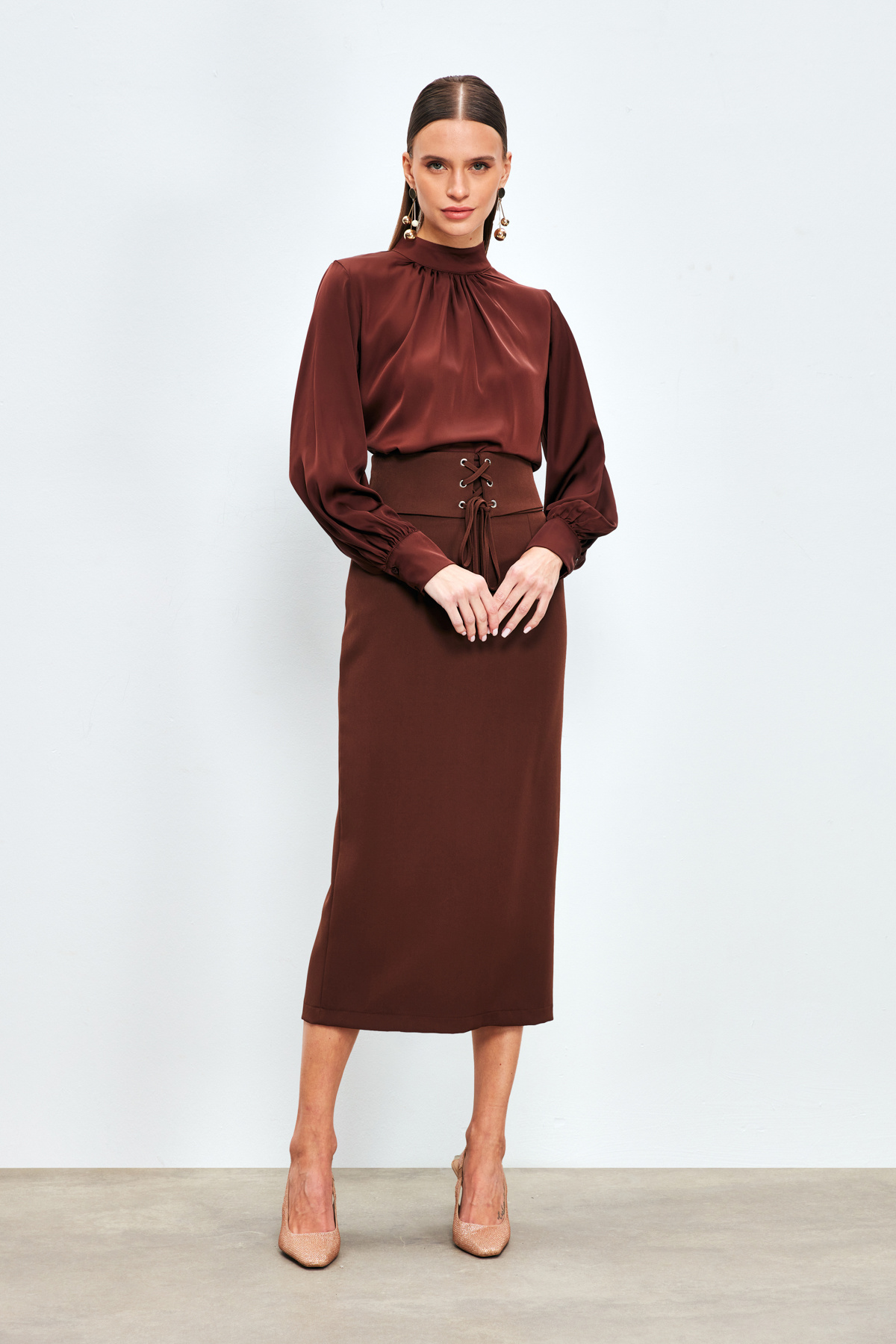 Bel Detaylı Kalem Etek - KAHVE