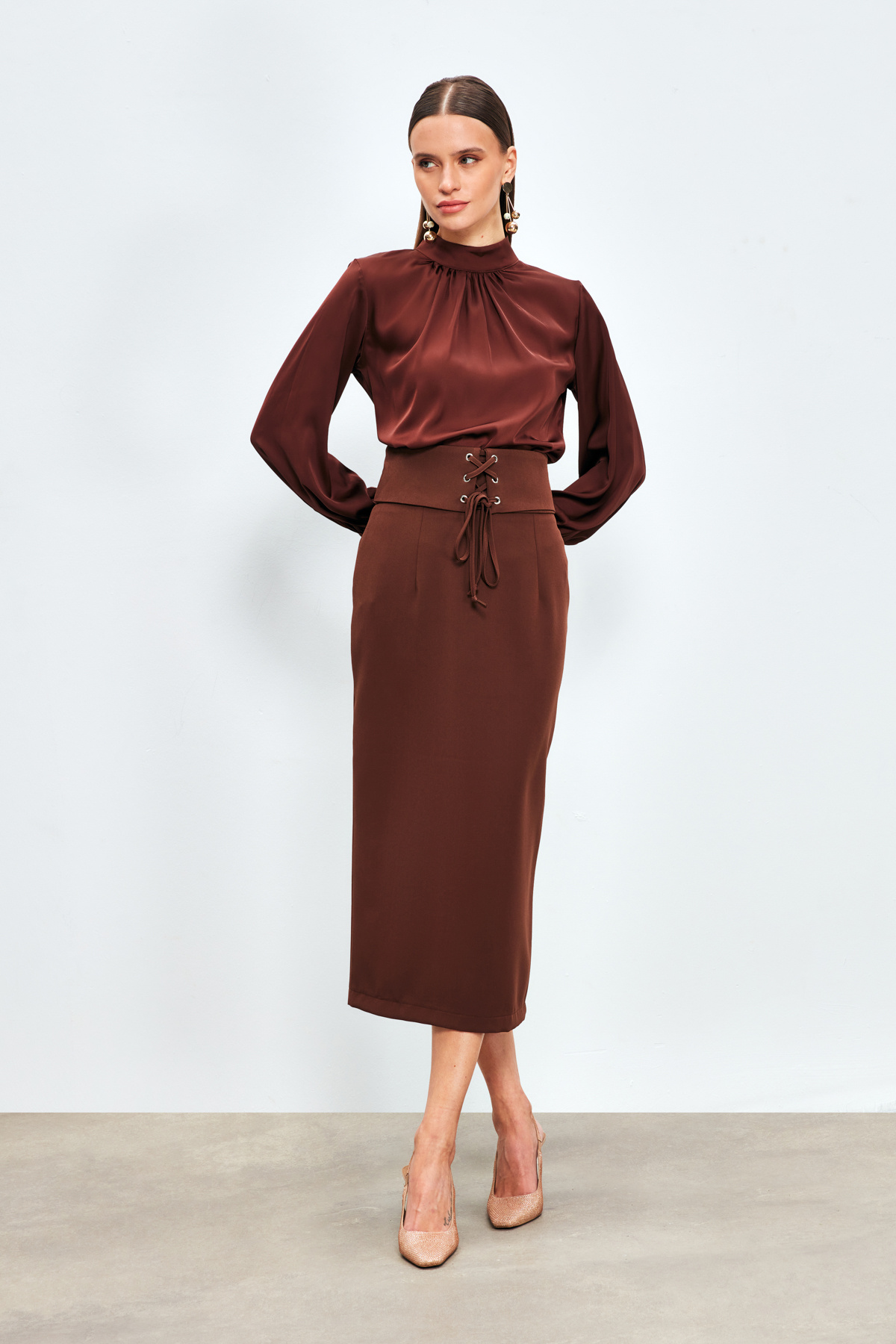 Bel Detaylı Kalem Etek - KAHVE