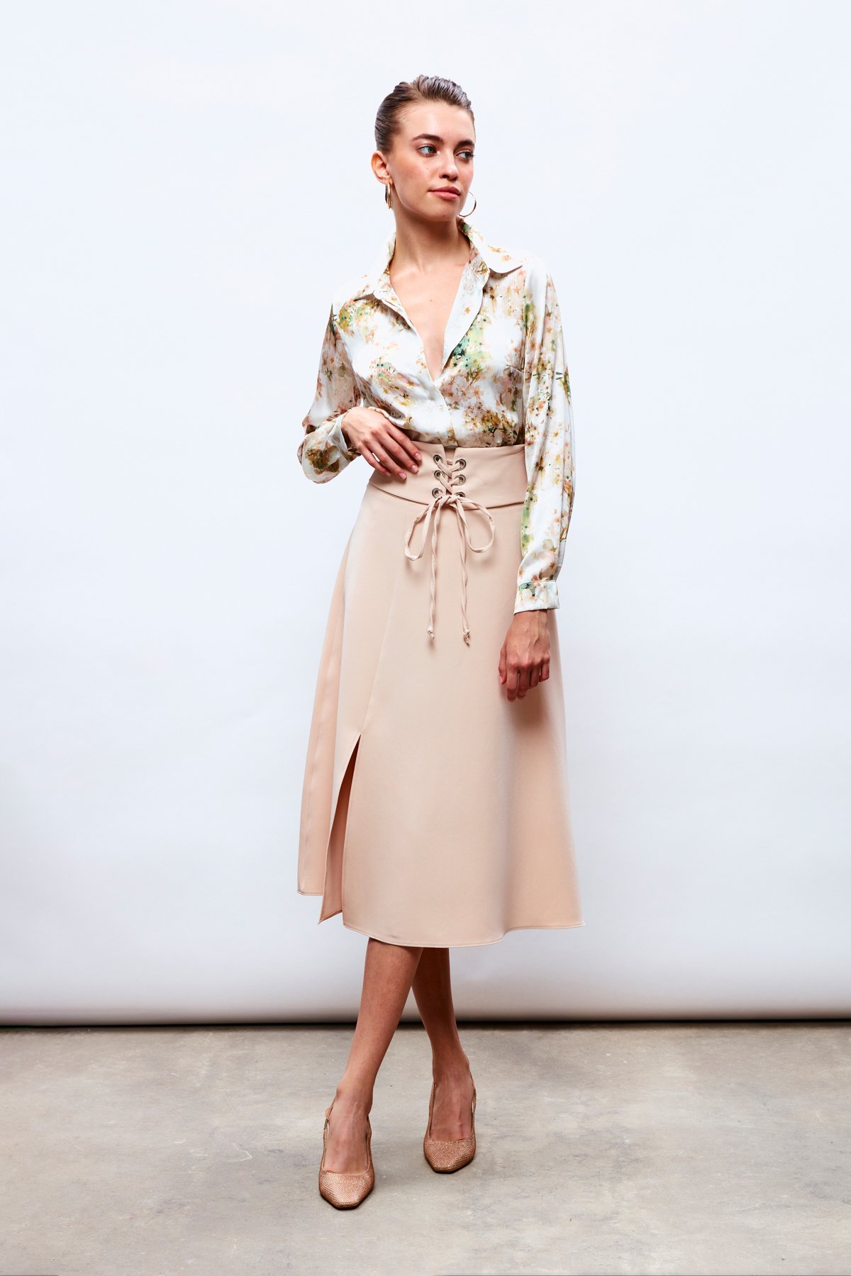 Bel Detaylı Kloş Etek - BEJ