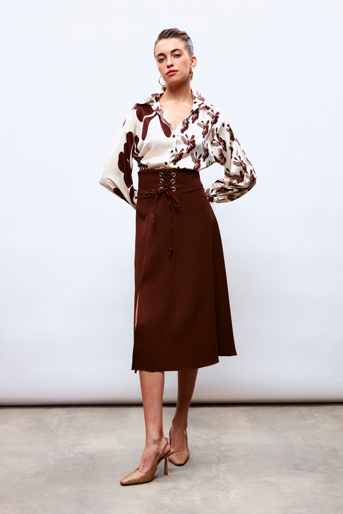 Bel Detaylı Kloş Etek - KAHVE