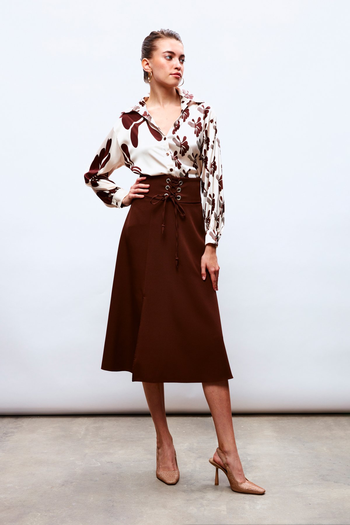 Bel Detaylı Kloş Etek - KAHVE