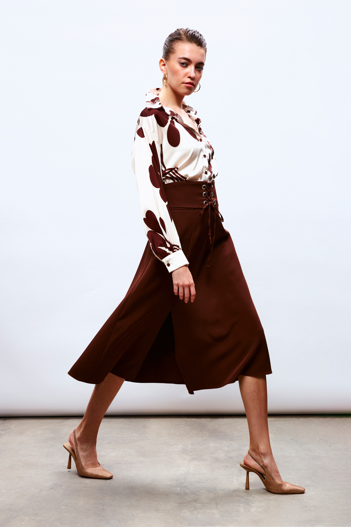 Bel Detaylı Kloş Etek - KAHVE