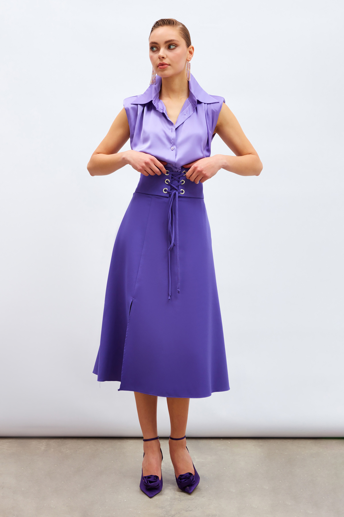 Bel Detaylı Kloş Etek - MOR