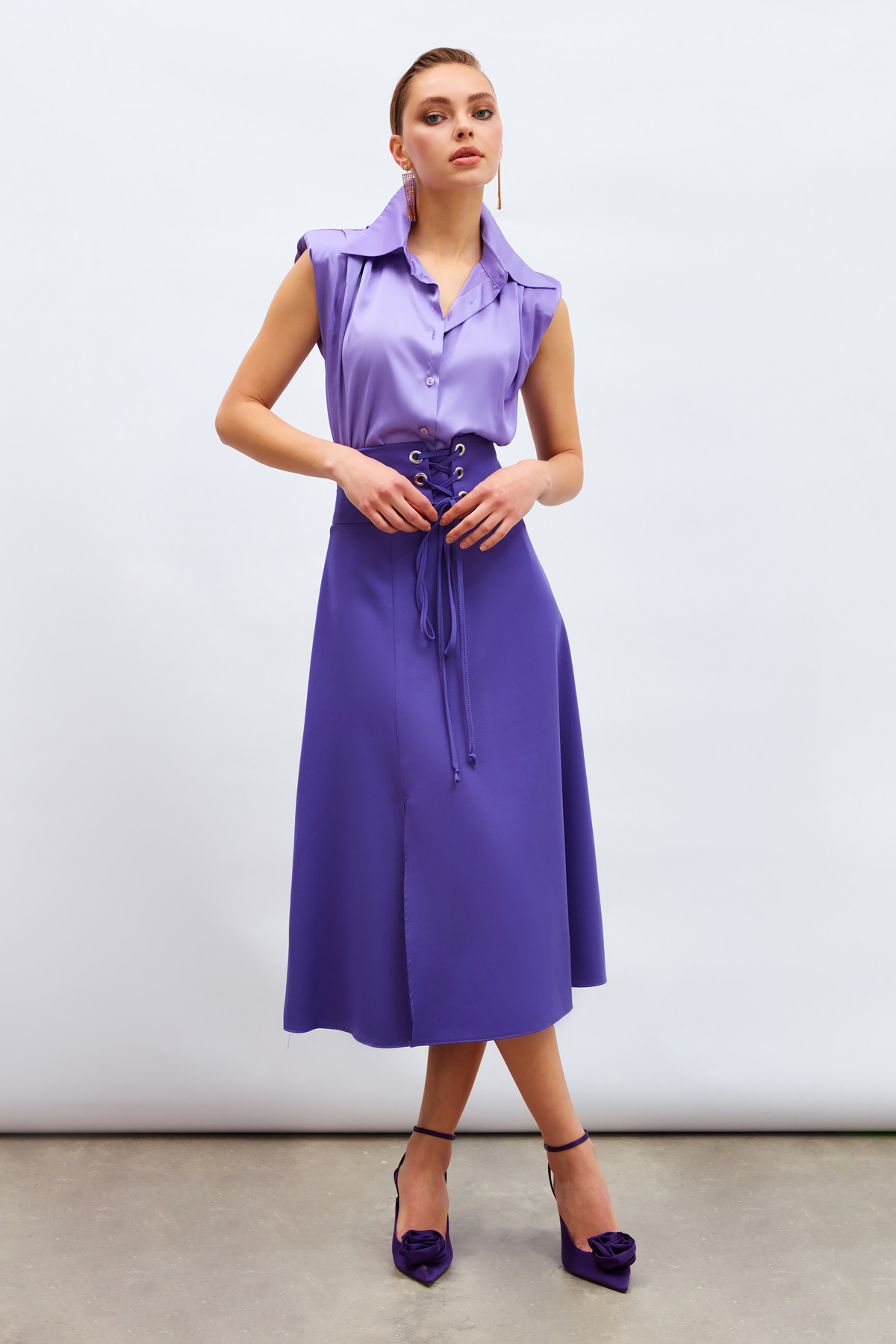 Bel Detaylı Kloş Etek - MOR