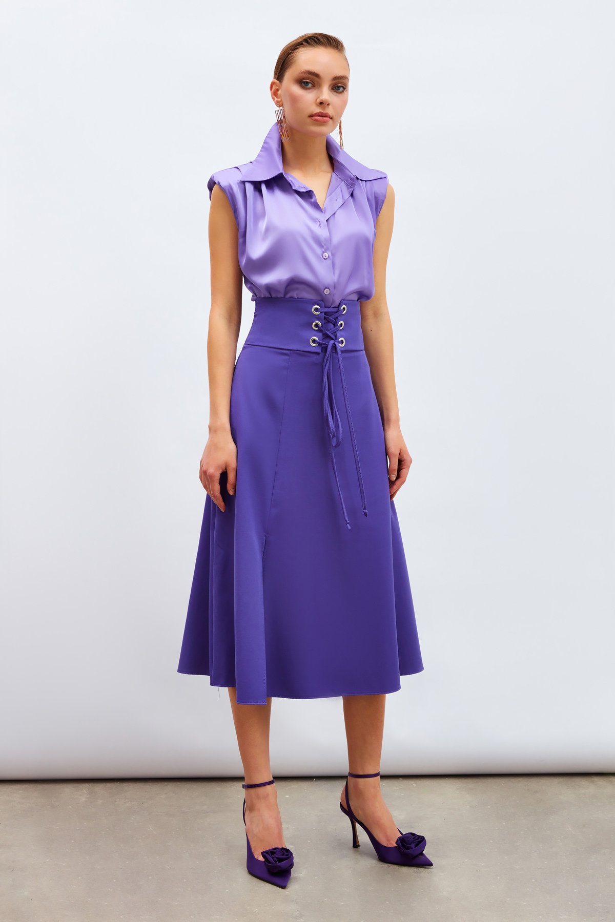 Bel Detaylı Kloş Etek - MOR