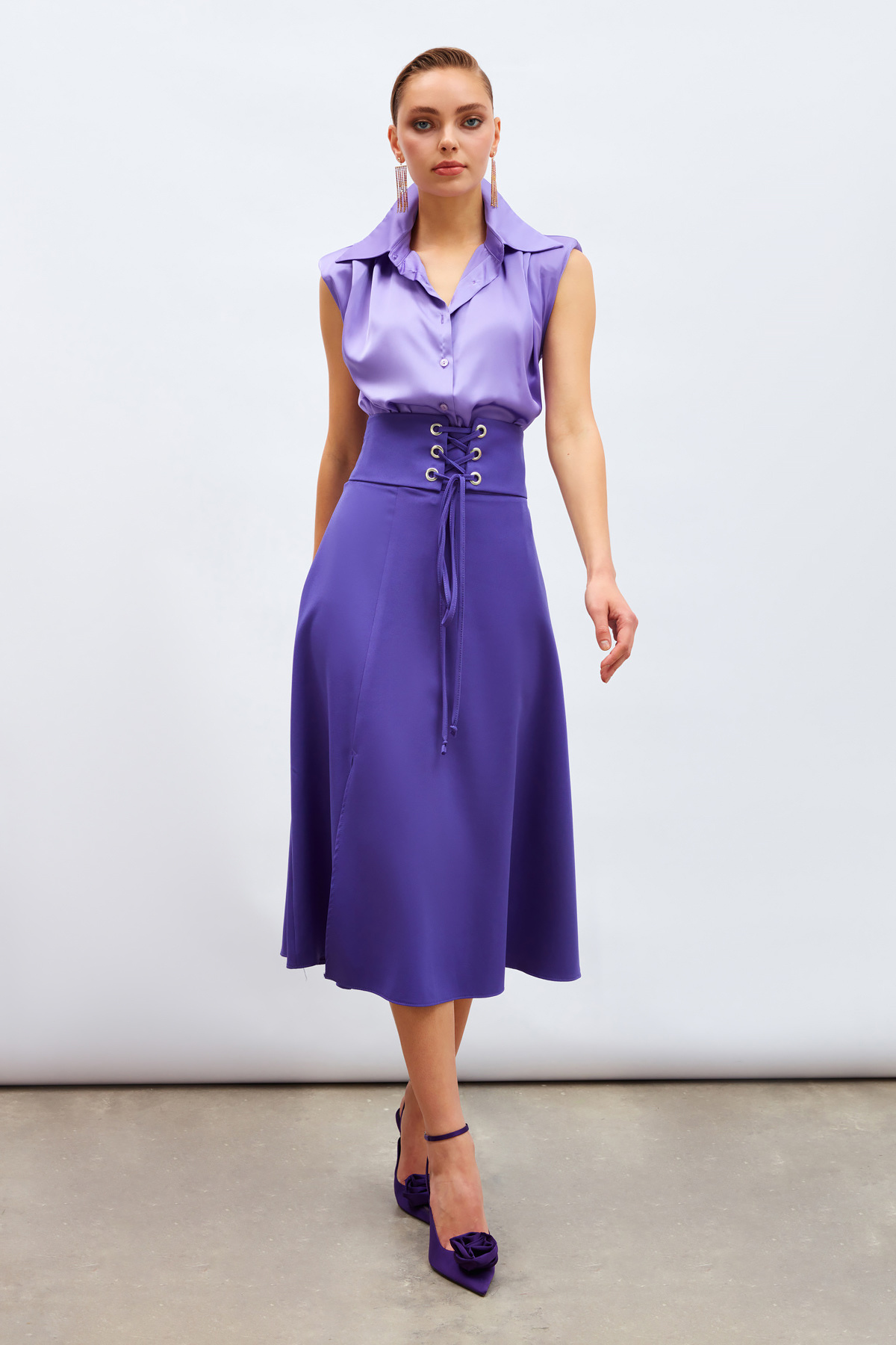 Bel Detaylı Kloş Etek - MOR