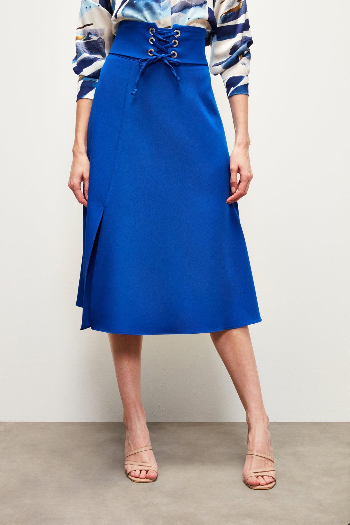 Bel Detaylı Kloş Etek - SAX MAVİ