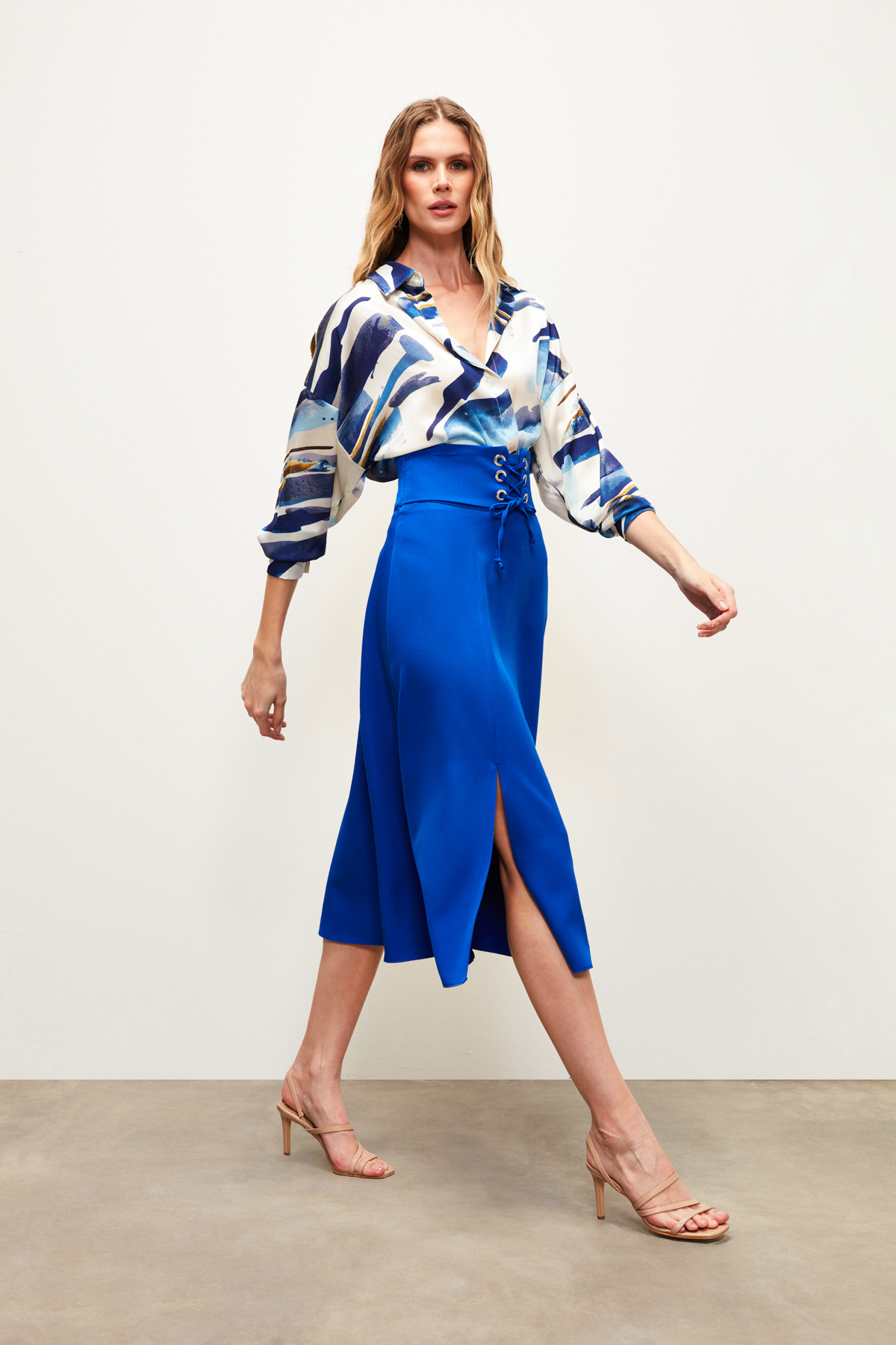 Bel Detaylı Kloş Etek - SAX MAVİ