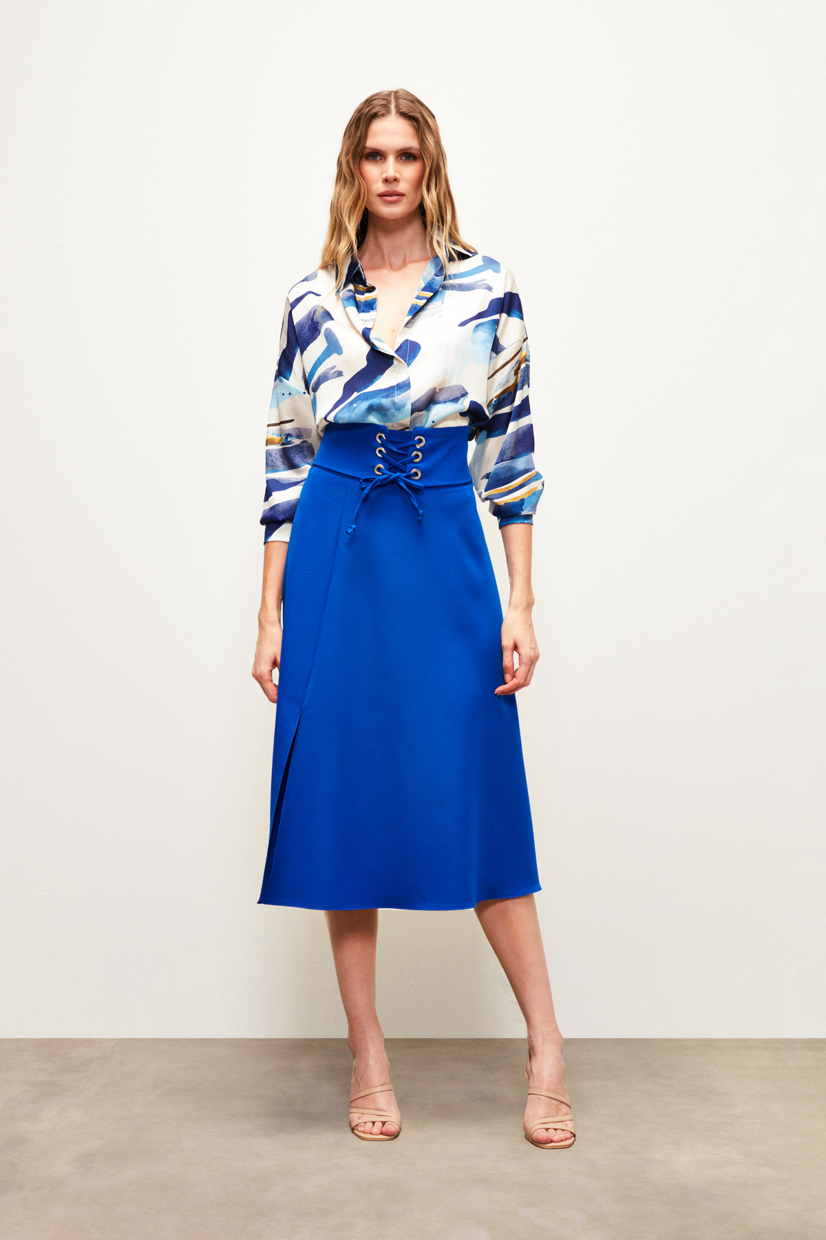 Bel Detaylı Kloş Etek - SAX MAVİ