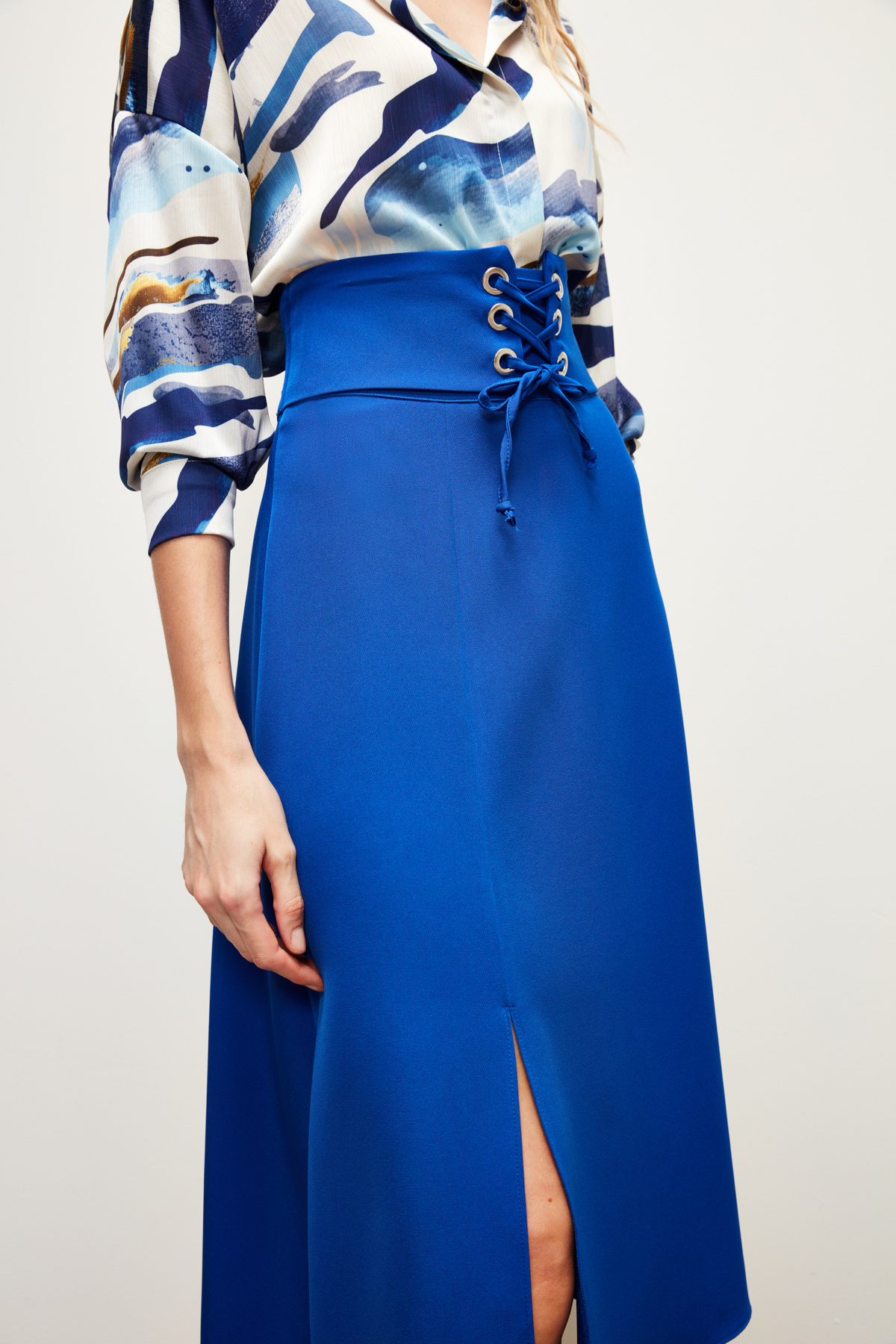 Bel Detaylı Kloş Etek - SAX MAVİ