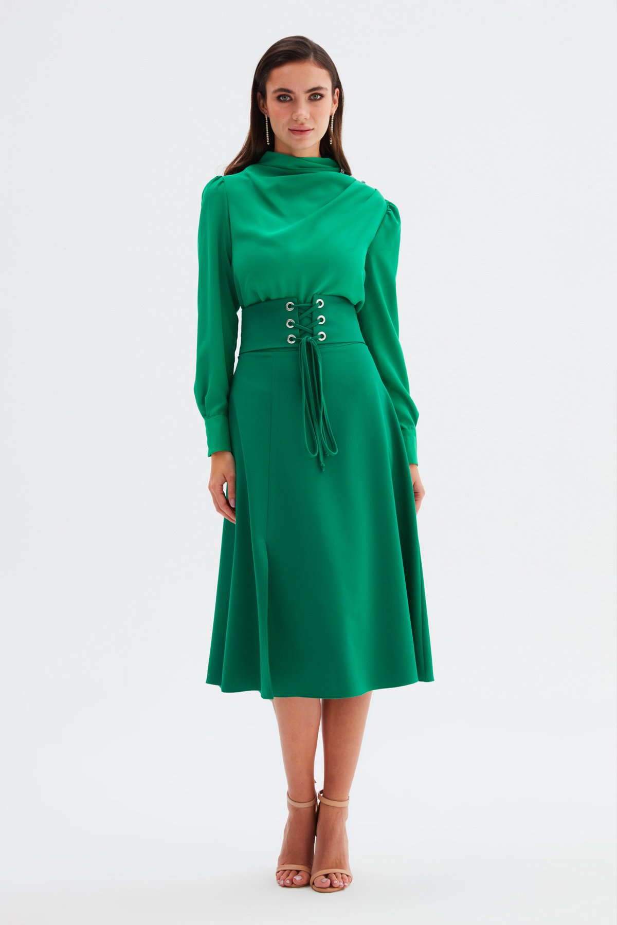 Bel Detaylı Kloş Etek - ZÜMRÜT