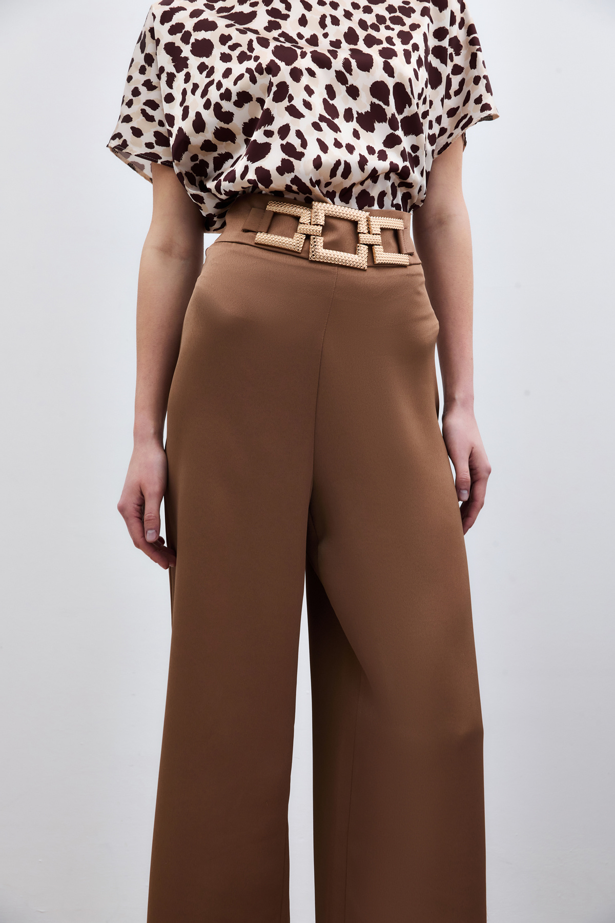 Bel Kemerli Saten Krep Pantolon - Camel