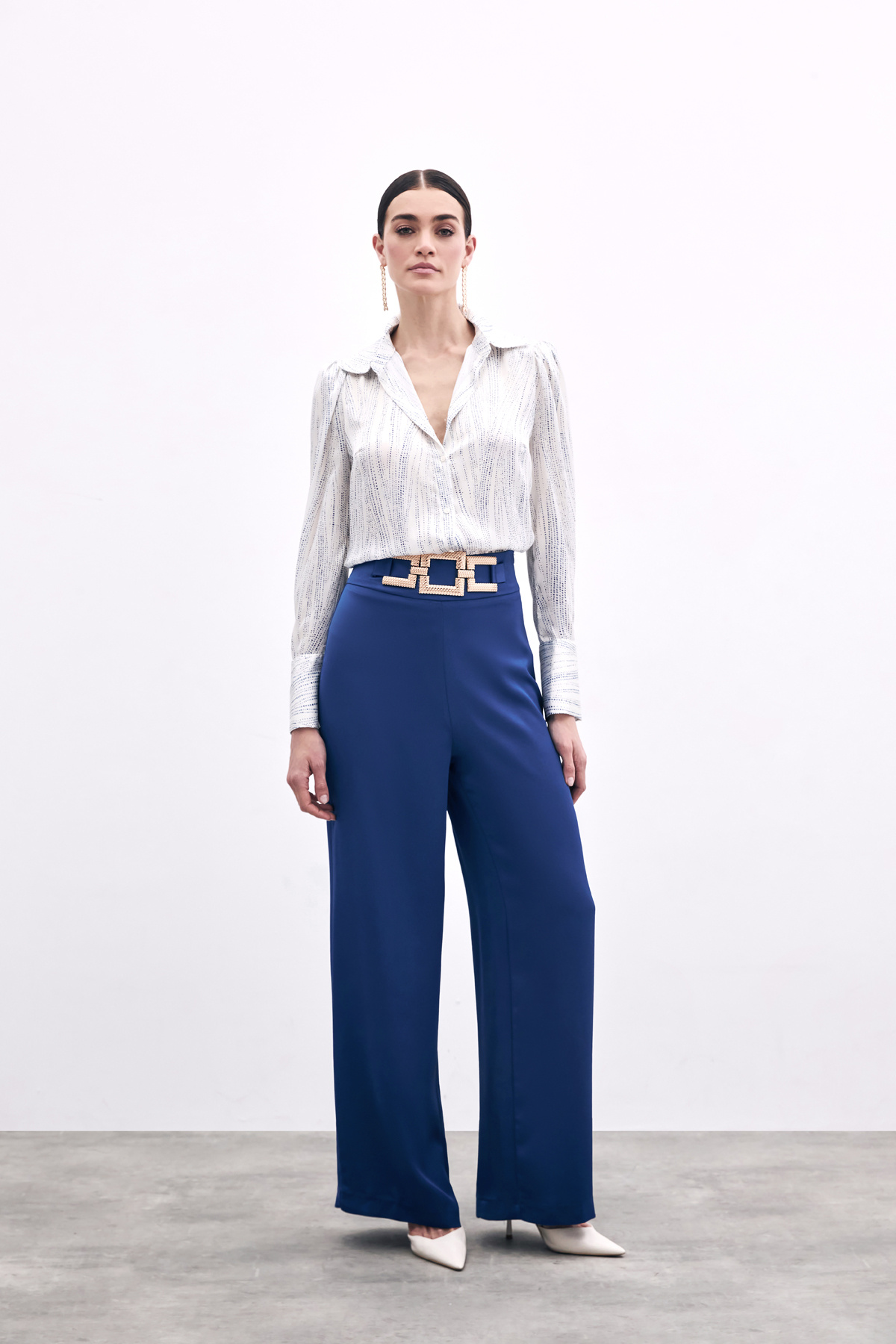 Bel Kemerli Saten Krep Pantolon - Lacivert