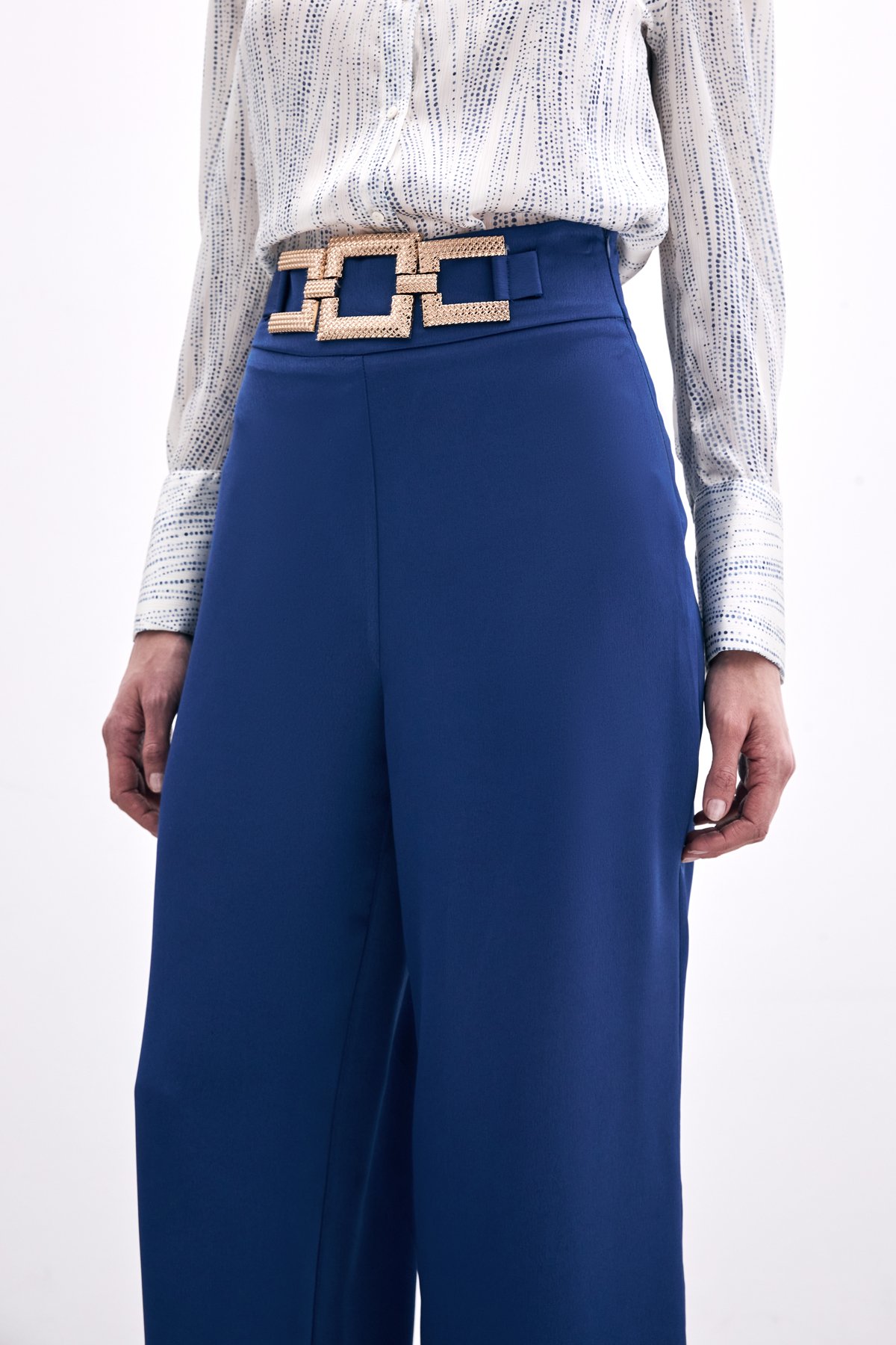 Bel Kemerli Saten Krep Pantolon - Lacivert