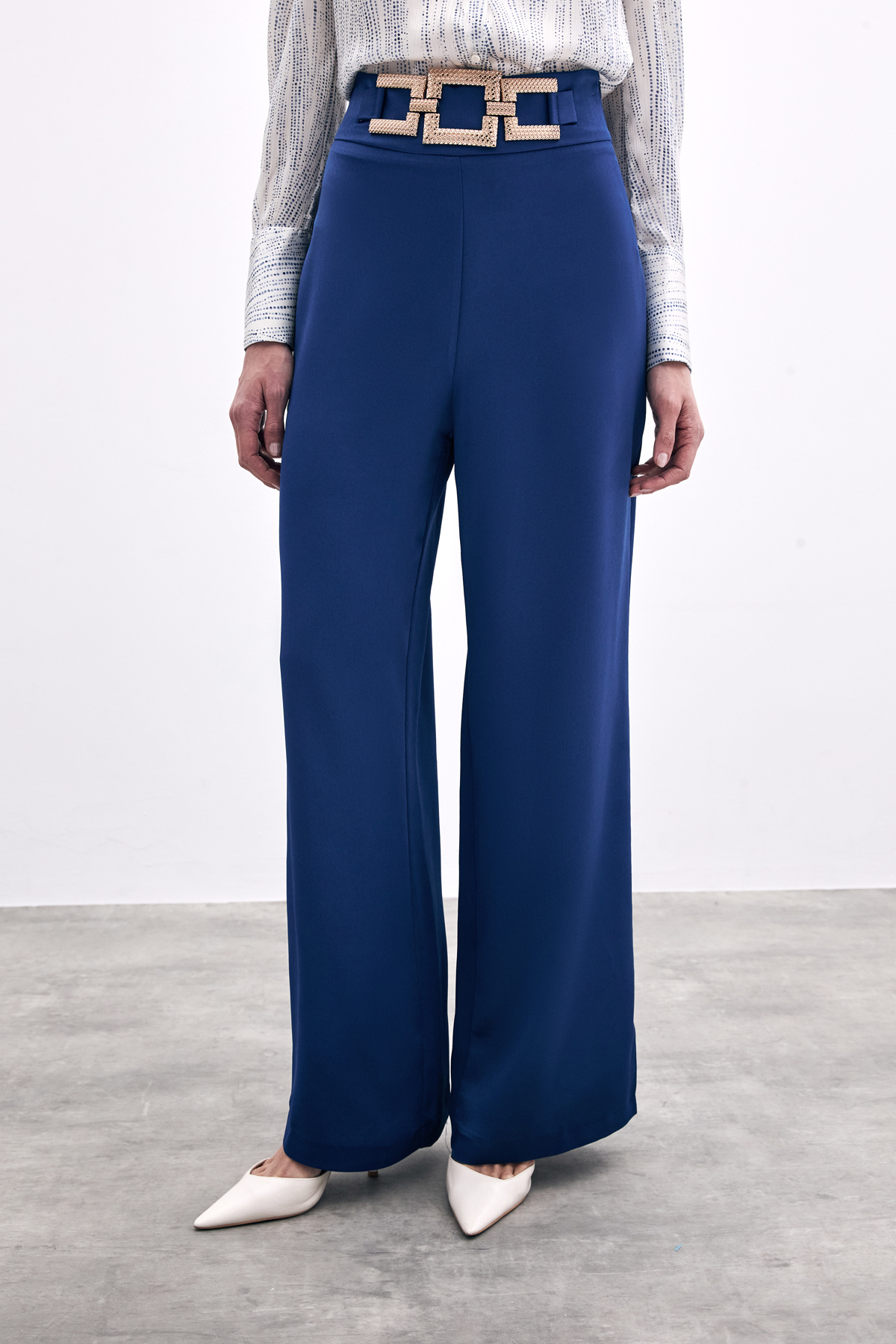 Bel Kemerli Saten Krep Pantolon - Lacivert