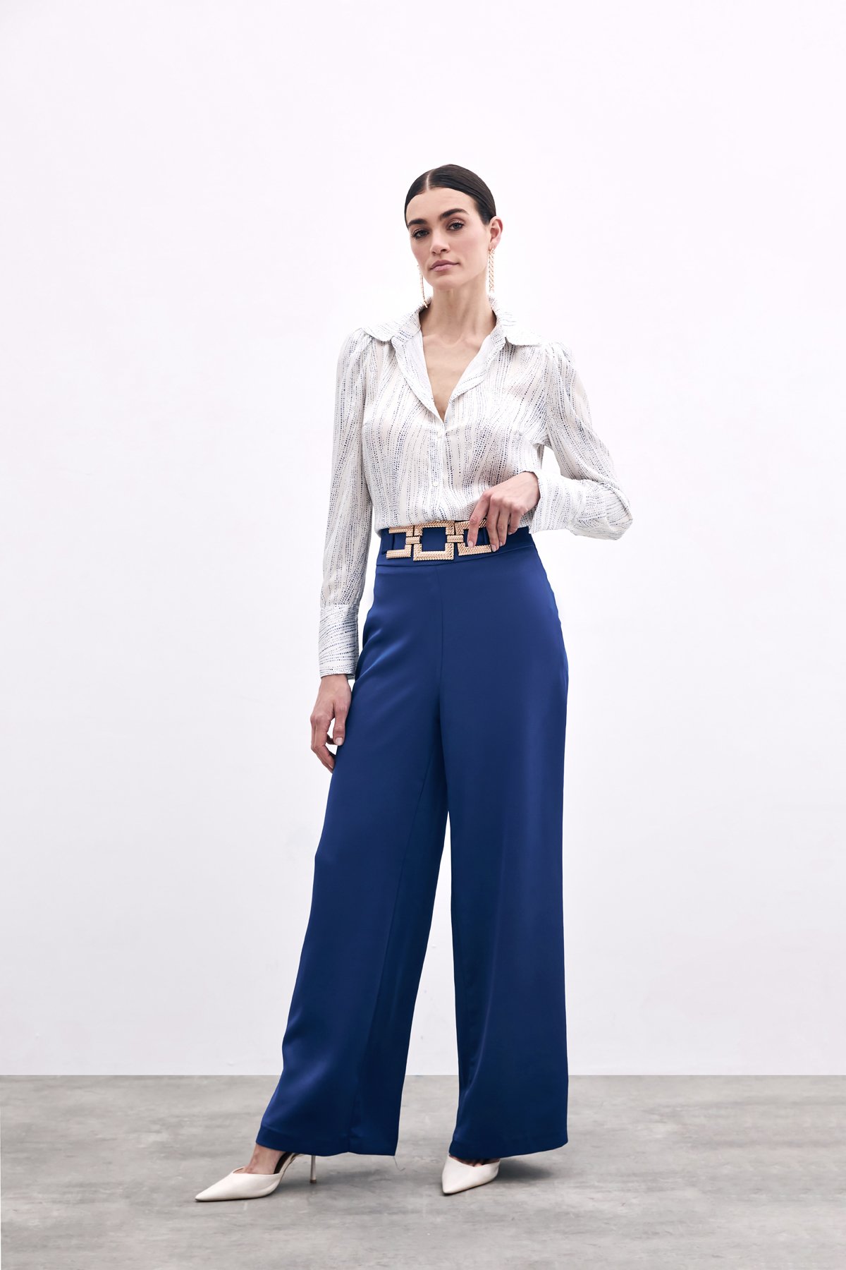 Bel Kemerli Saten Krep Pantolon - Lacivert