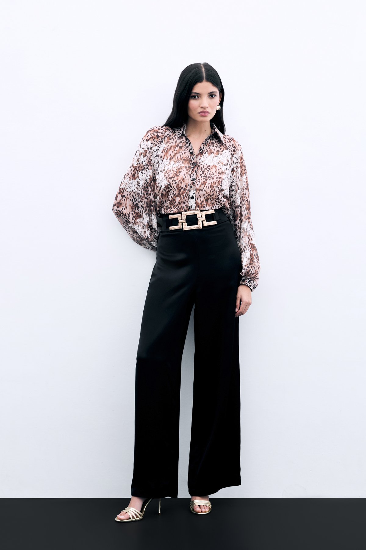 Bel Kemerli Saten Krep Pantolon - Siyah