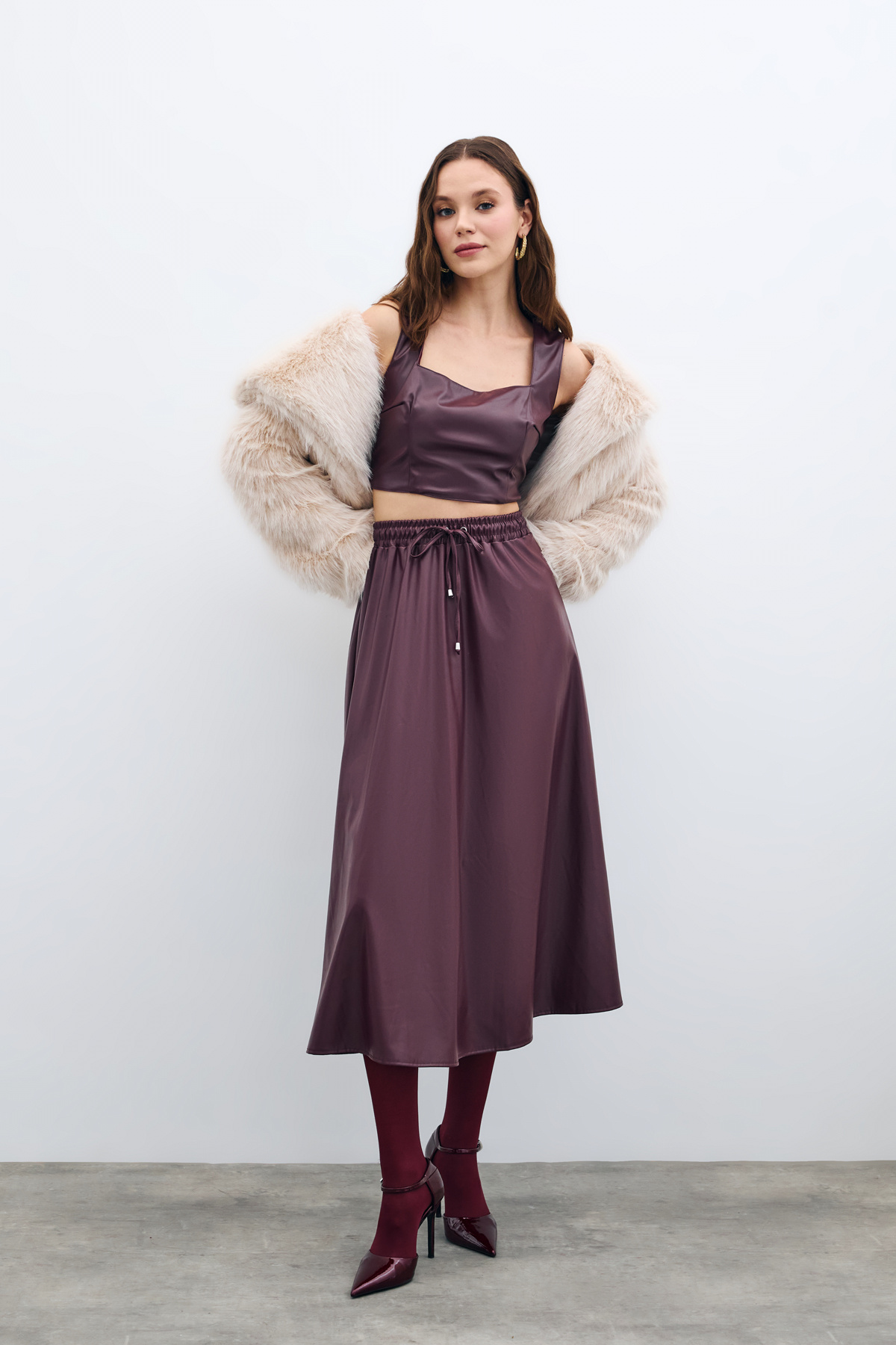 Bel Lastikli Deri Etek - Bordo