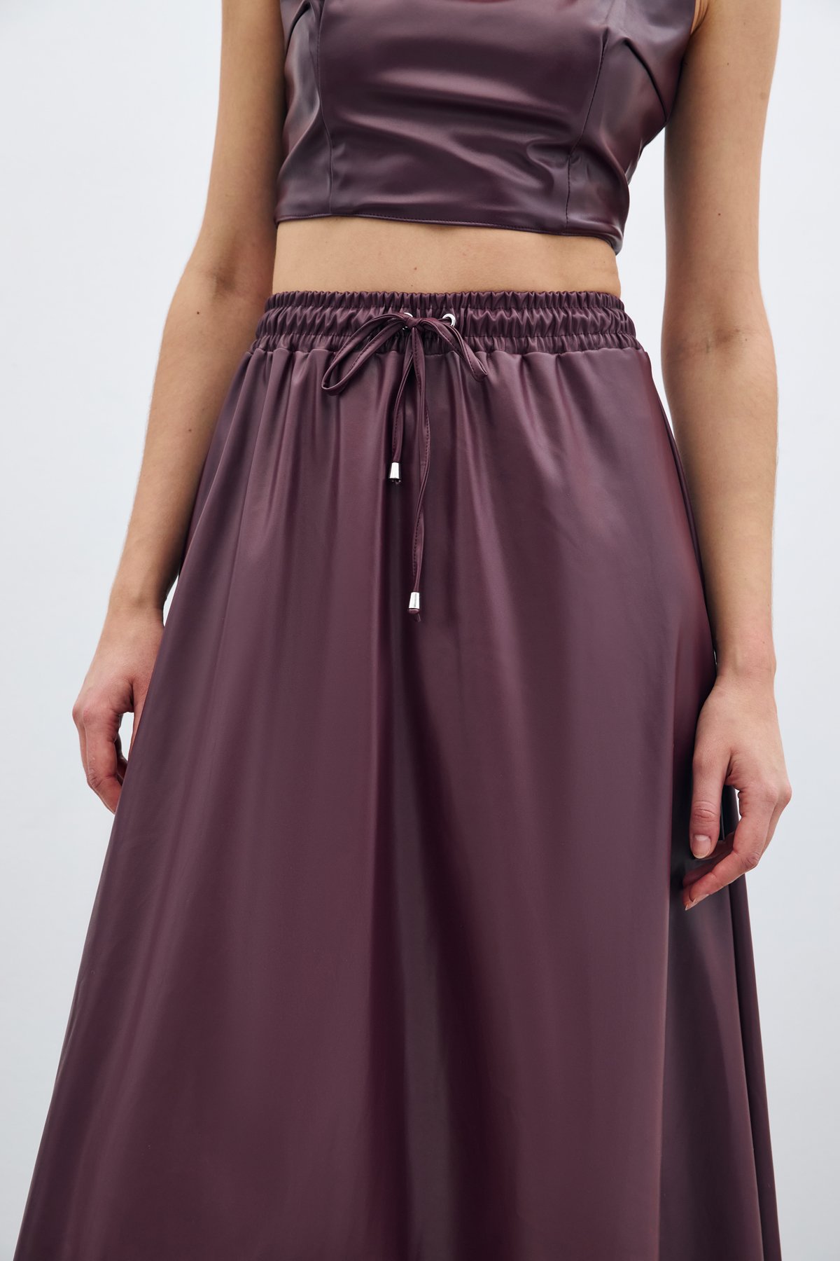 Bel Lastikli Deri Etek - Bordo