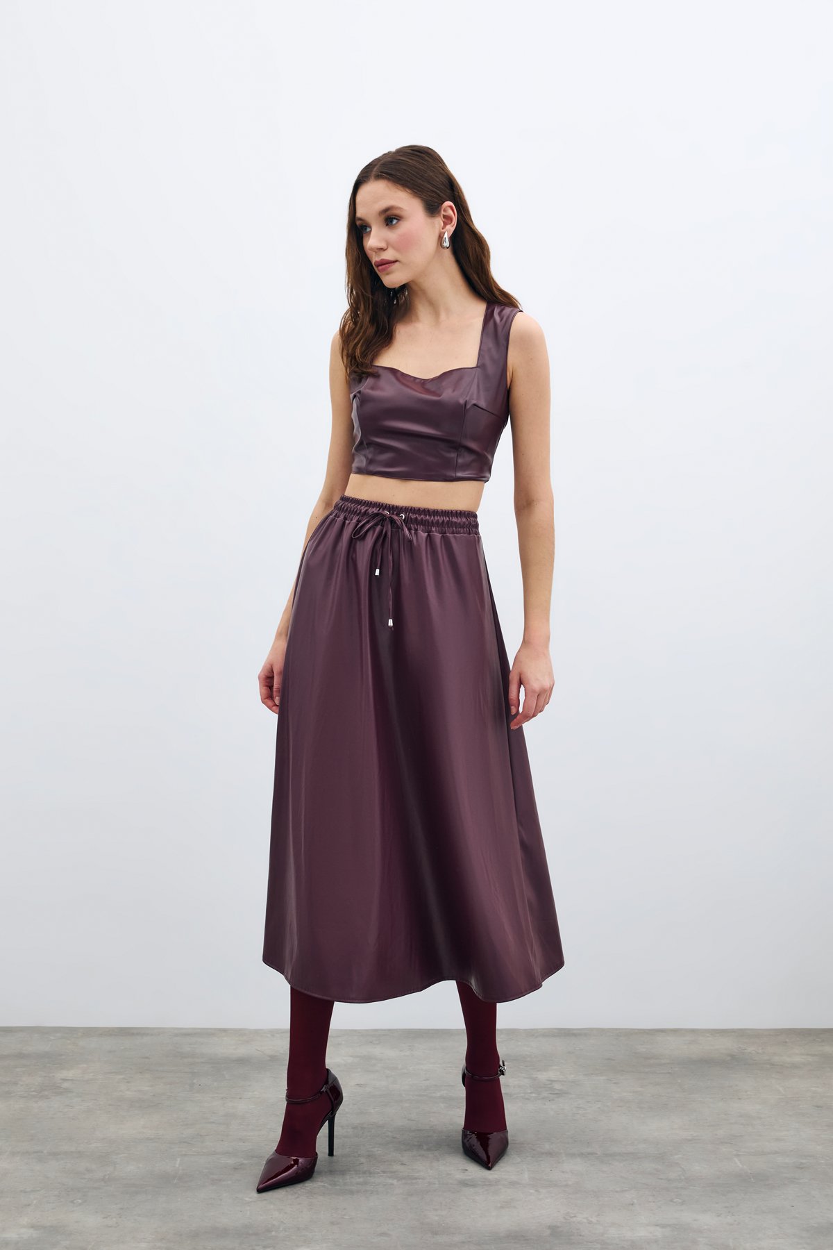 Bel Lastikli Deri Etek - Bordo
