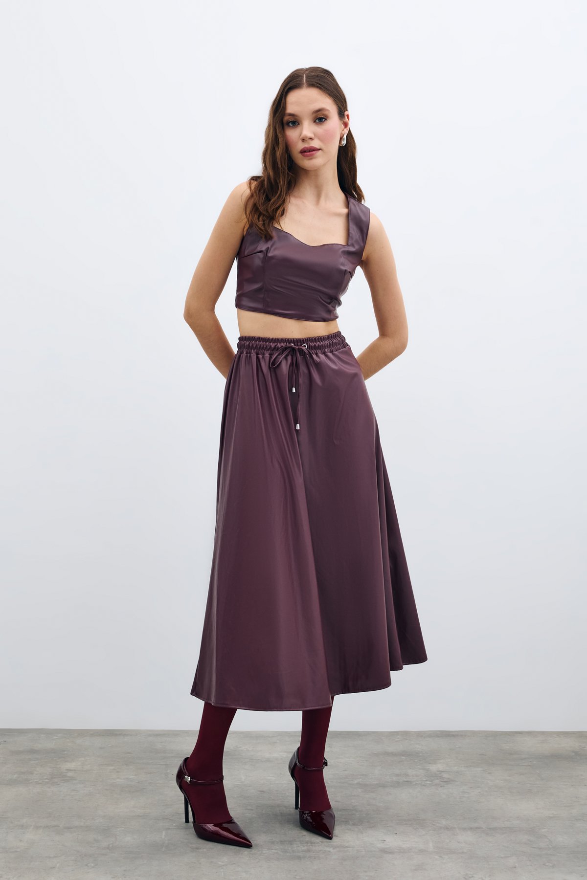 Bel Lastikli Deri Etek - Bordo