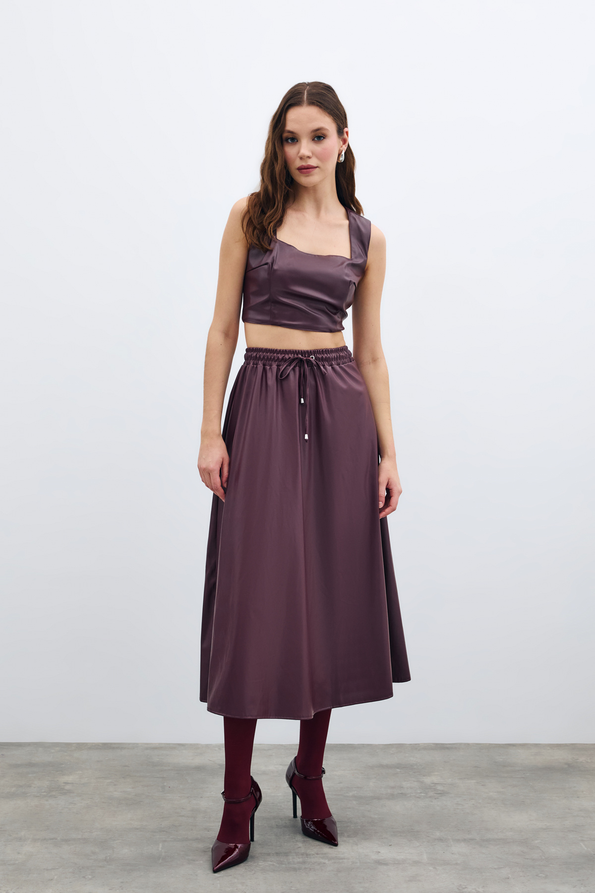 Bel Lastikli Deri Etek - Bordo