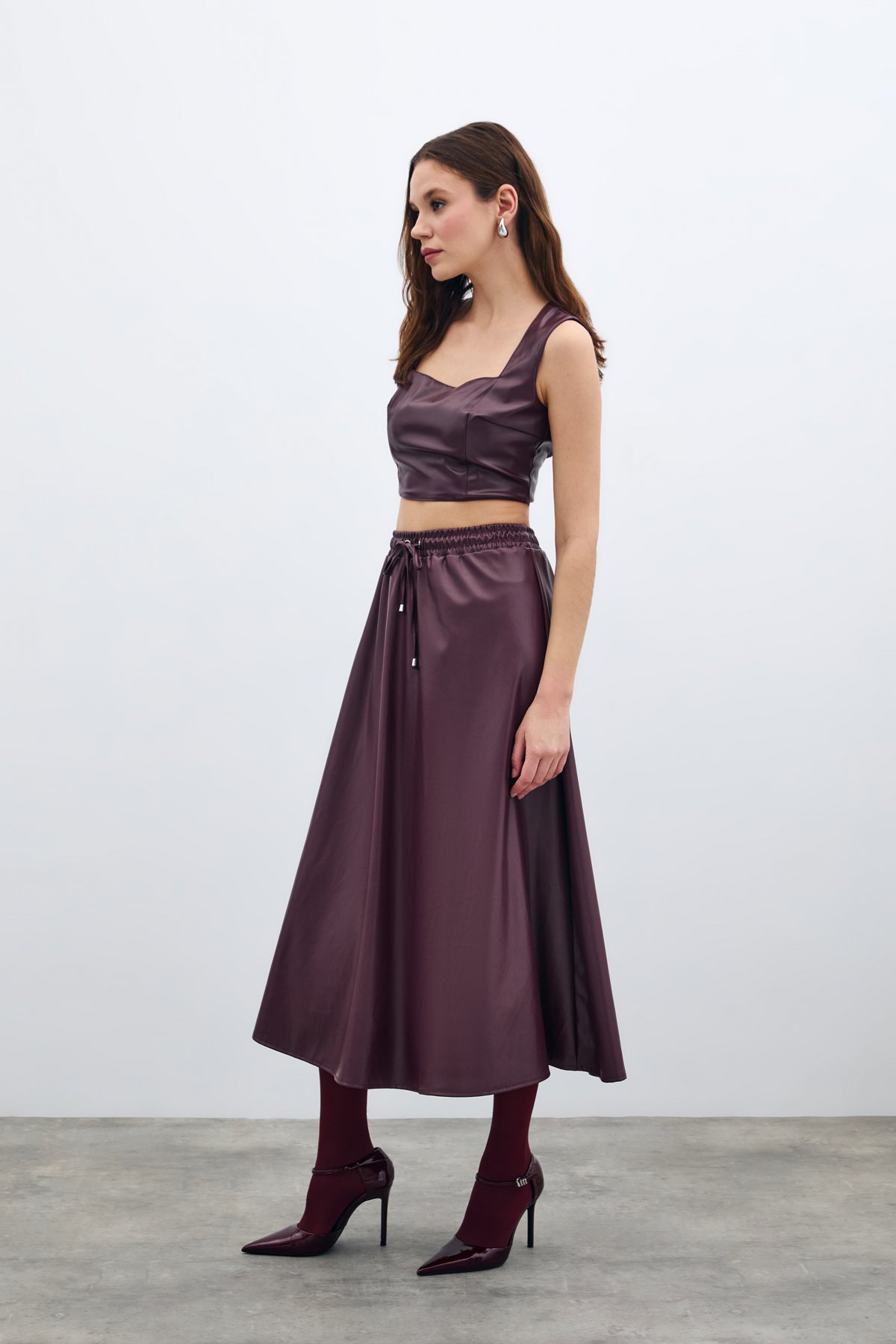 Bel Lastikli Deri Etek - Bordo